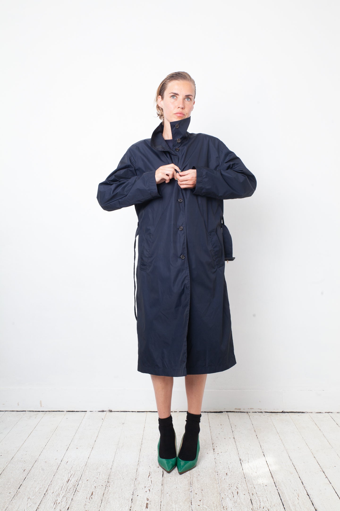 Prada 2000's dark blue nylon trench coat with belt