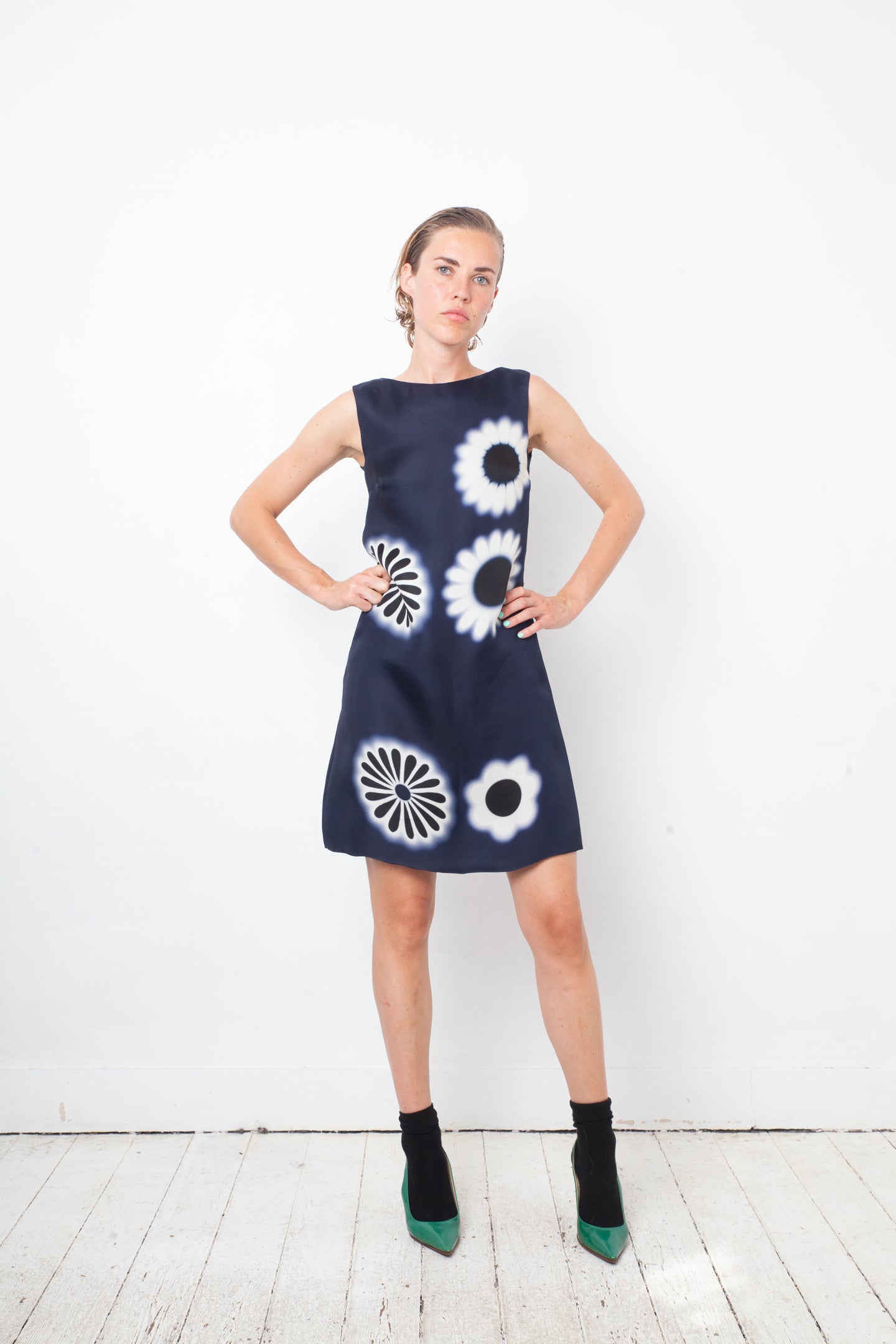 Prada Spring 2013 dark blue silk flower print dress
