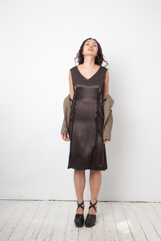 Martin Margiela Fall 2005 silky brown dress with raw hems and reversed zipper closure