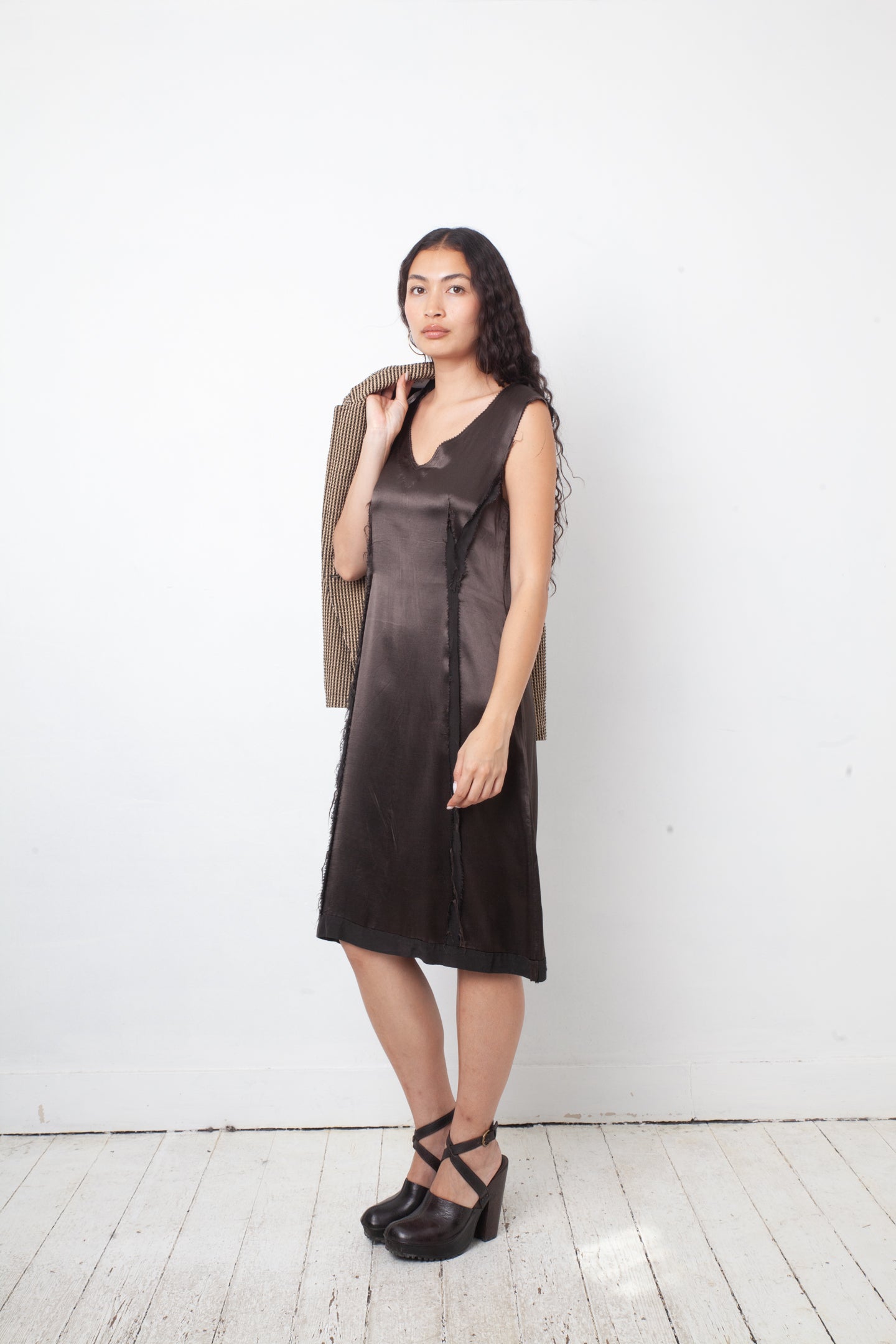 Martin Margiela Fall 2005 silky brown dress with raw hems and reversed zipper closure