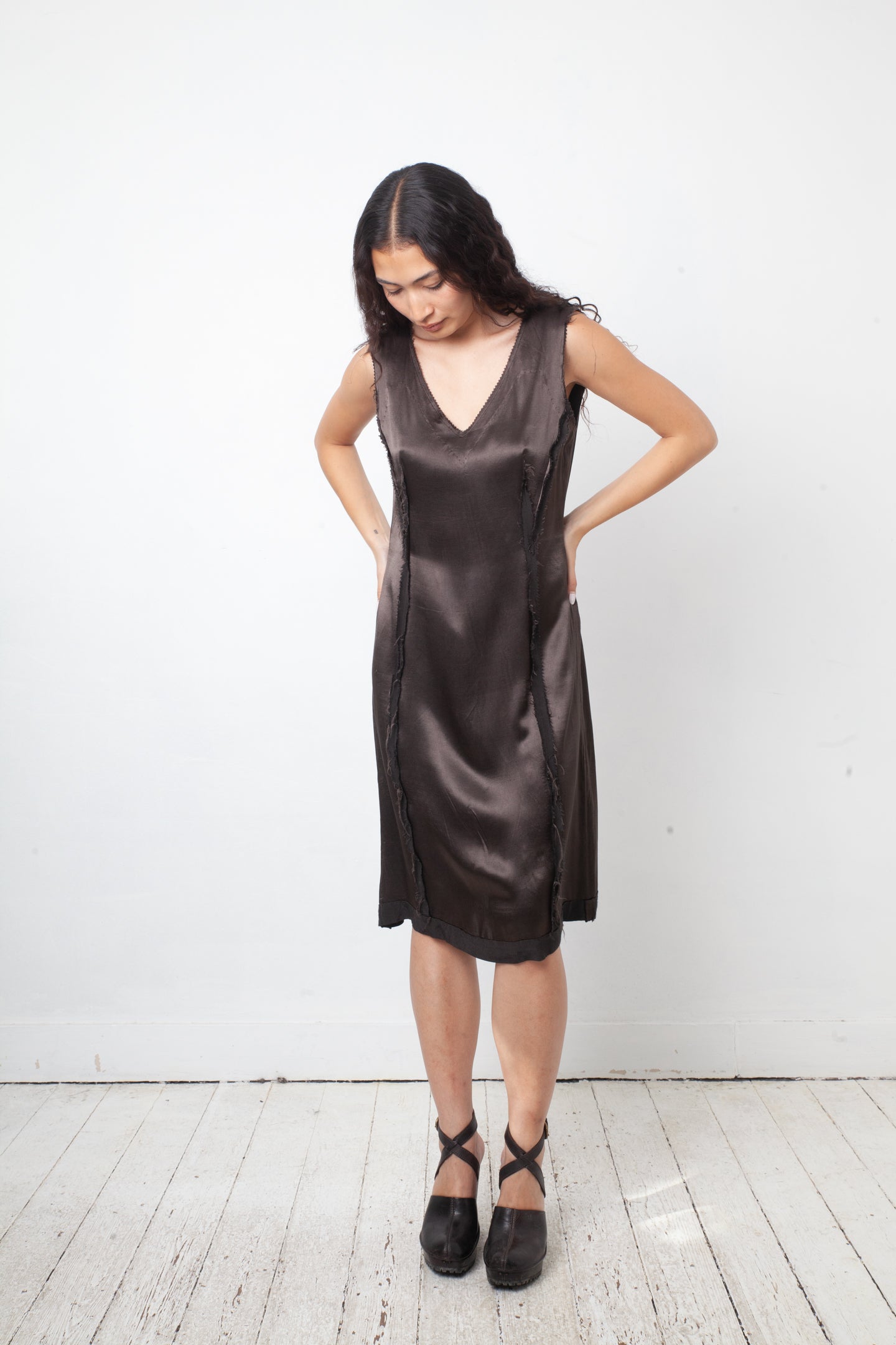Martin Margiela Fall 2005 silky brown dress with raw hems and reversed zipper closure