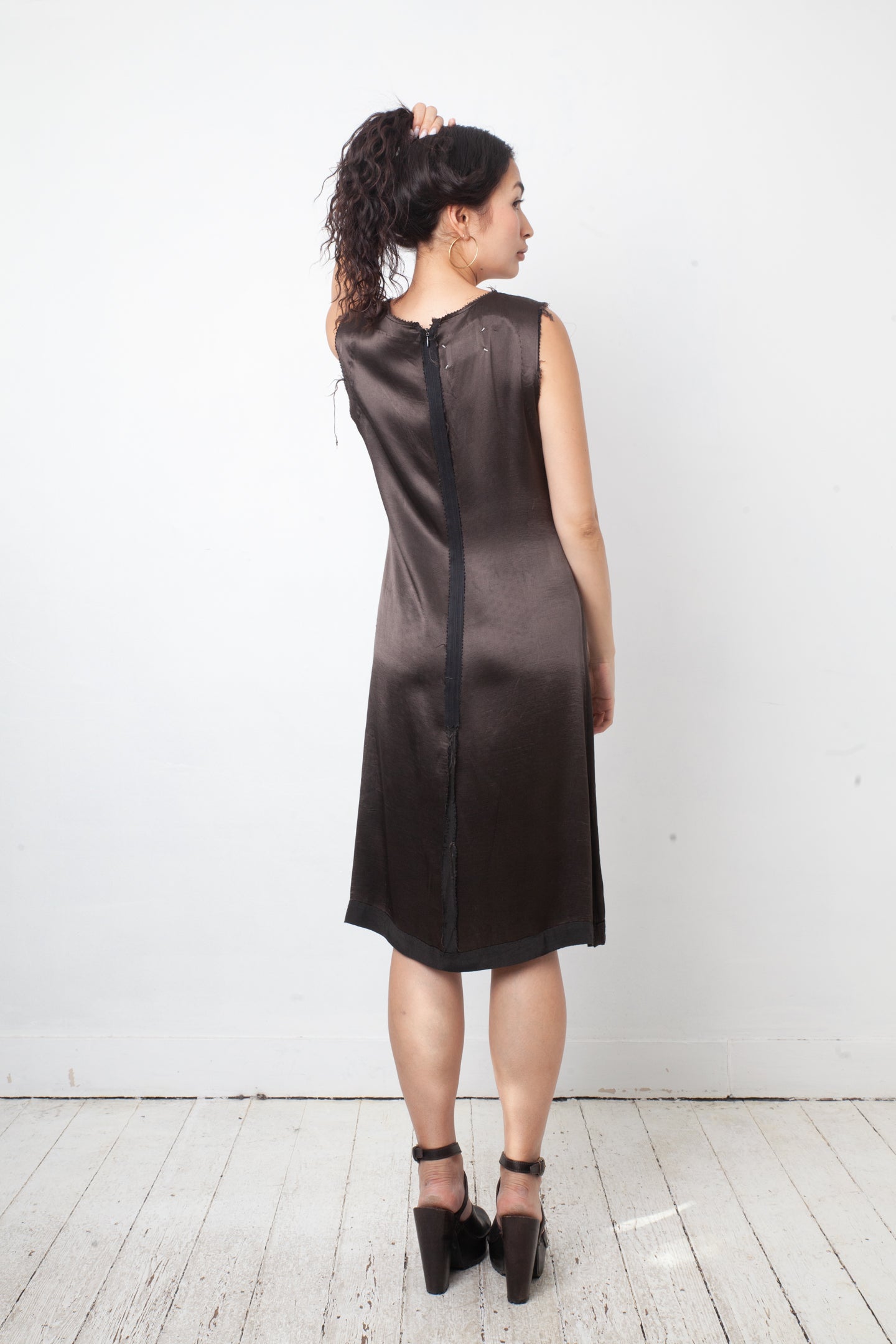 Martin Margiela Fall 2005 silky brown dress with raw hems and reversed zipper closure