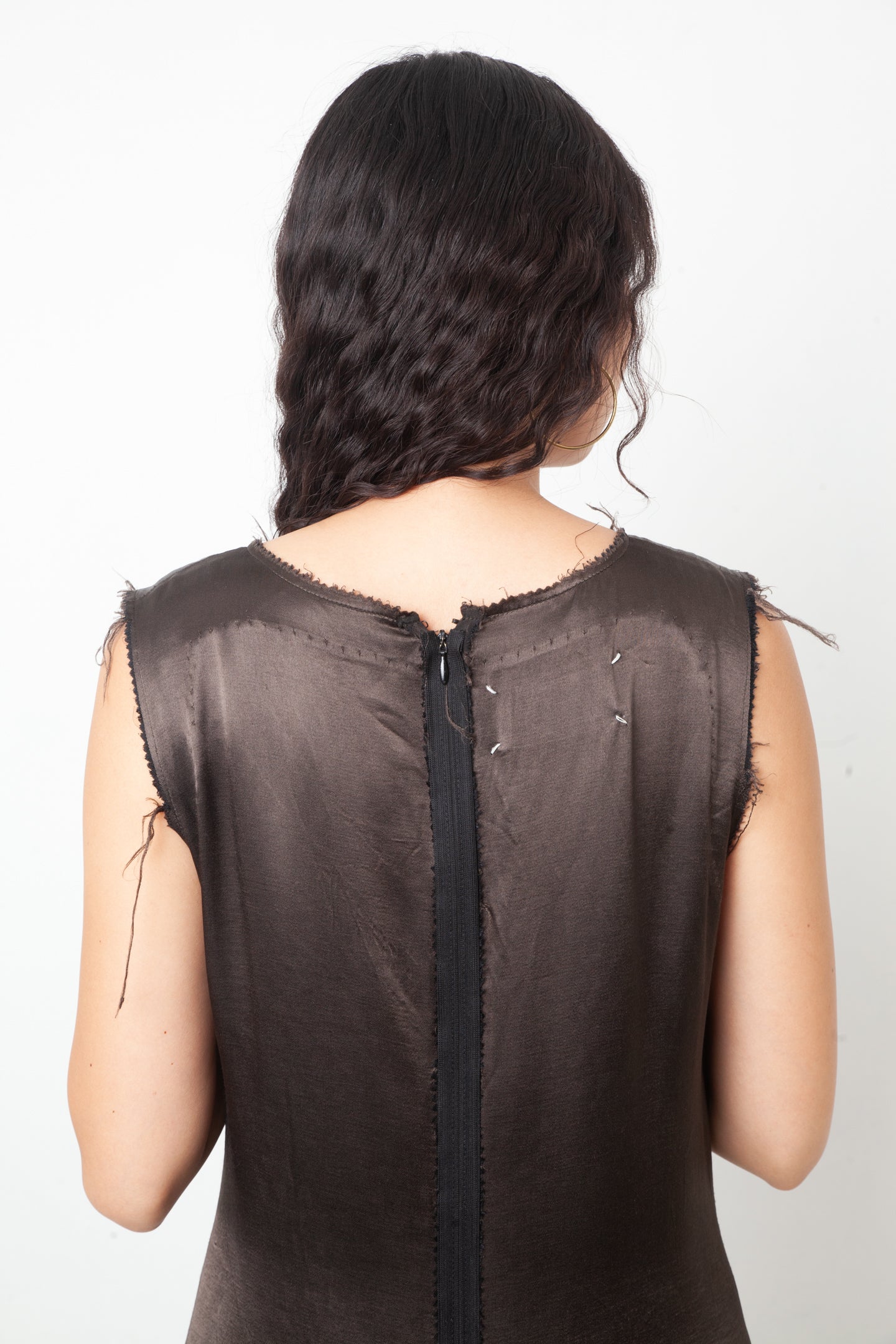 Martin Margiela Fall 2005 silky brown dress with raw hems and reversed zipper closure
