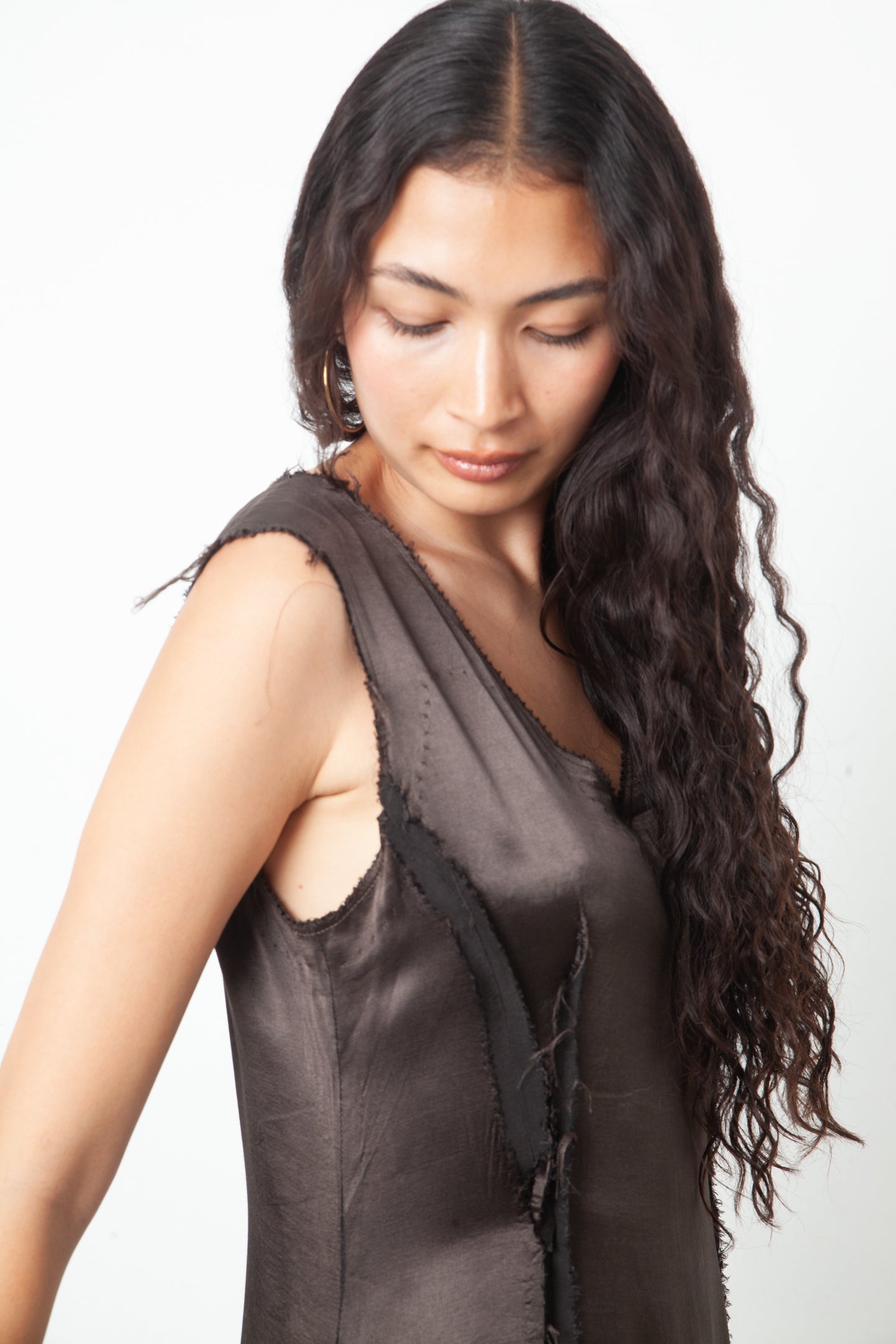 Martin Margiela Fall 2005 silky brown dress with raw hems and reversed zipper closure
