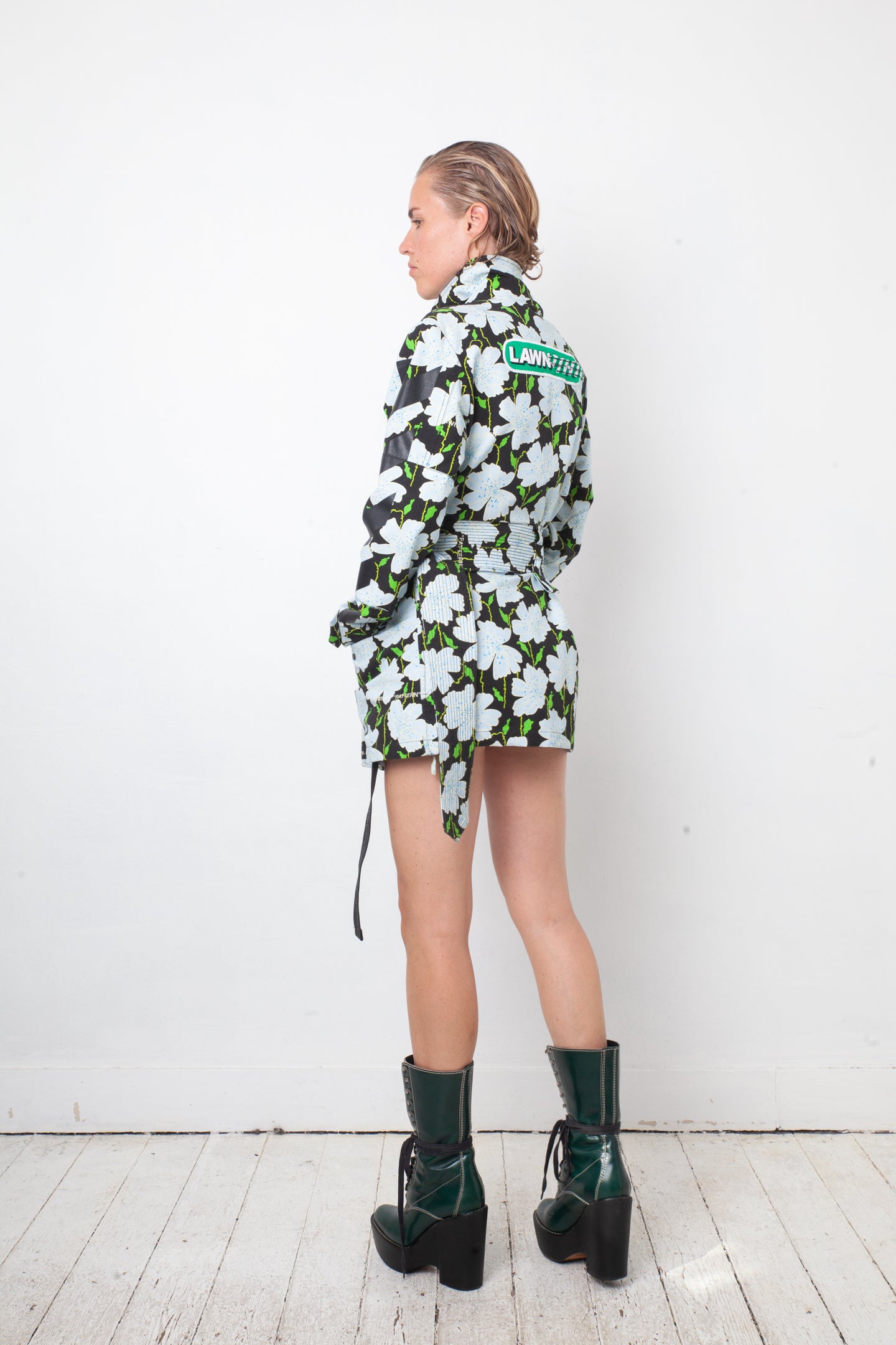 Off-White resort 2018 flower pattern denim jacket with belt and strap detail