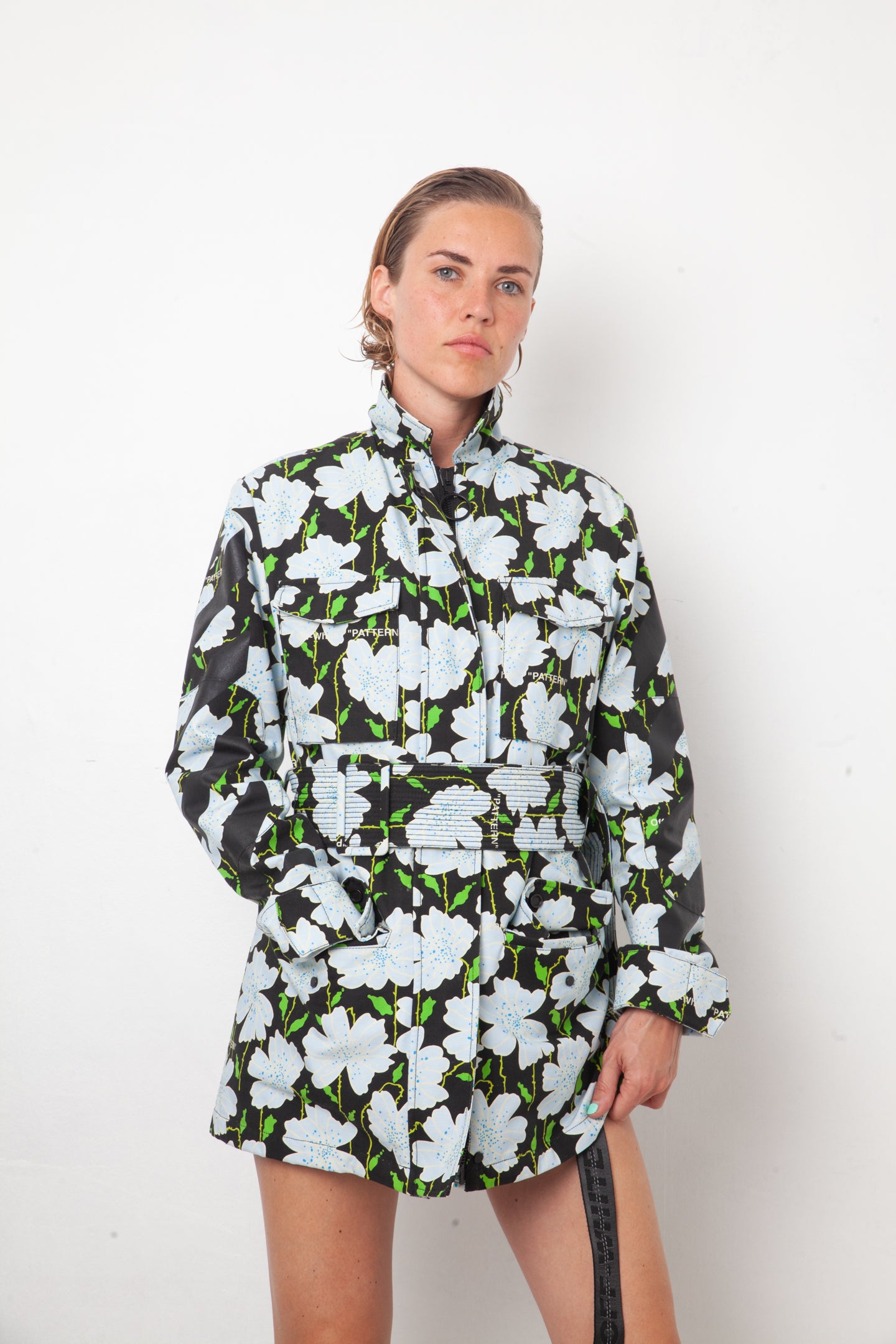 Off-White resort 2018 flower pattern denim jacket with belt and strap detail