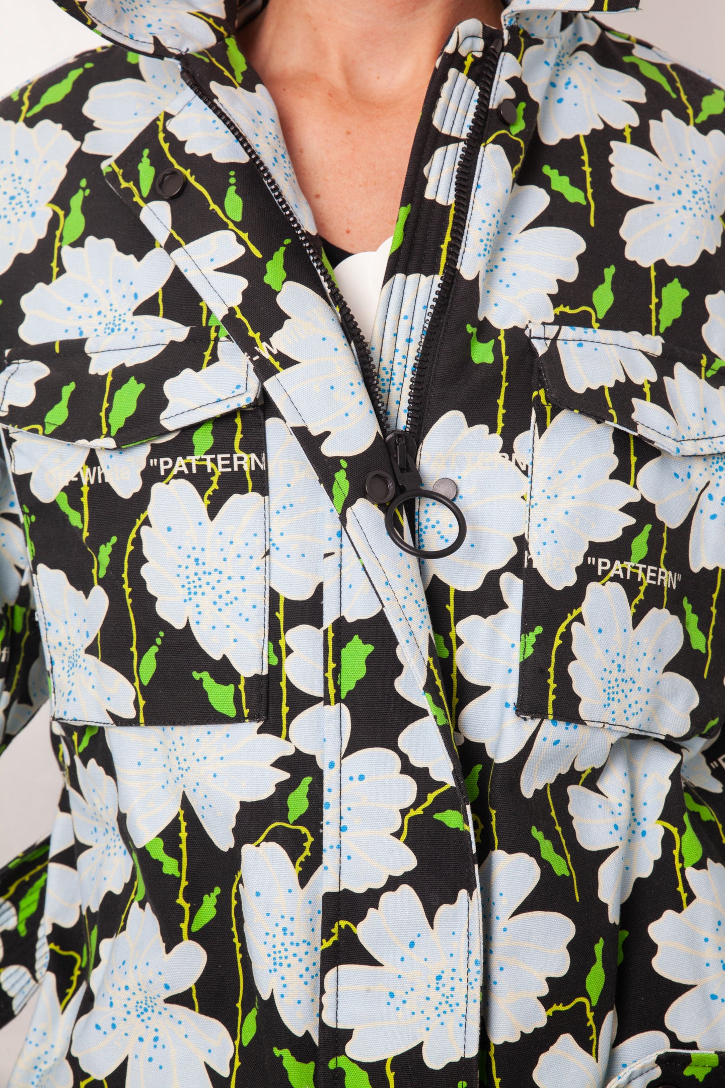 Off-White resort 2018 flower pattern denim jacket with belt and strap detail