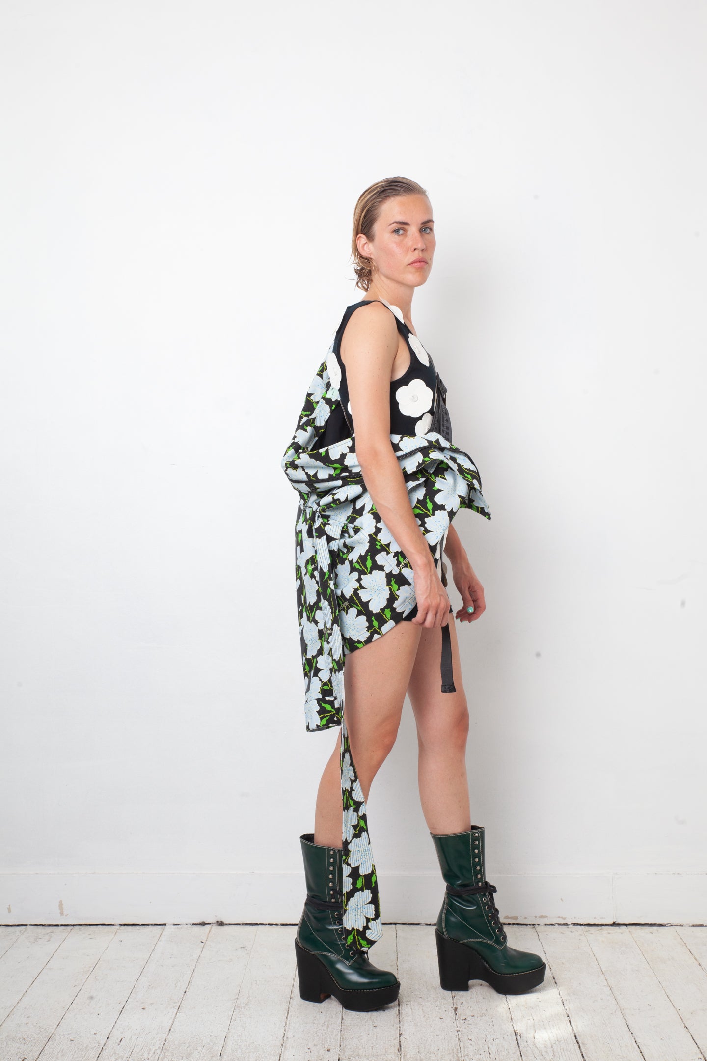 Off-White resort 2018 flower pattern denim jacket with belt and strap detail