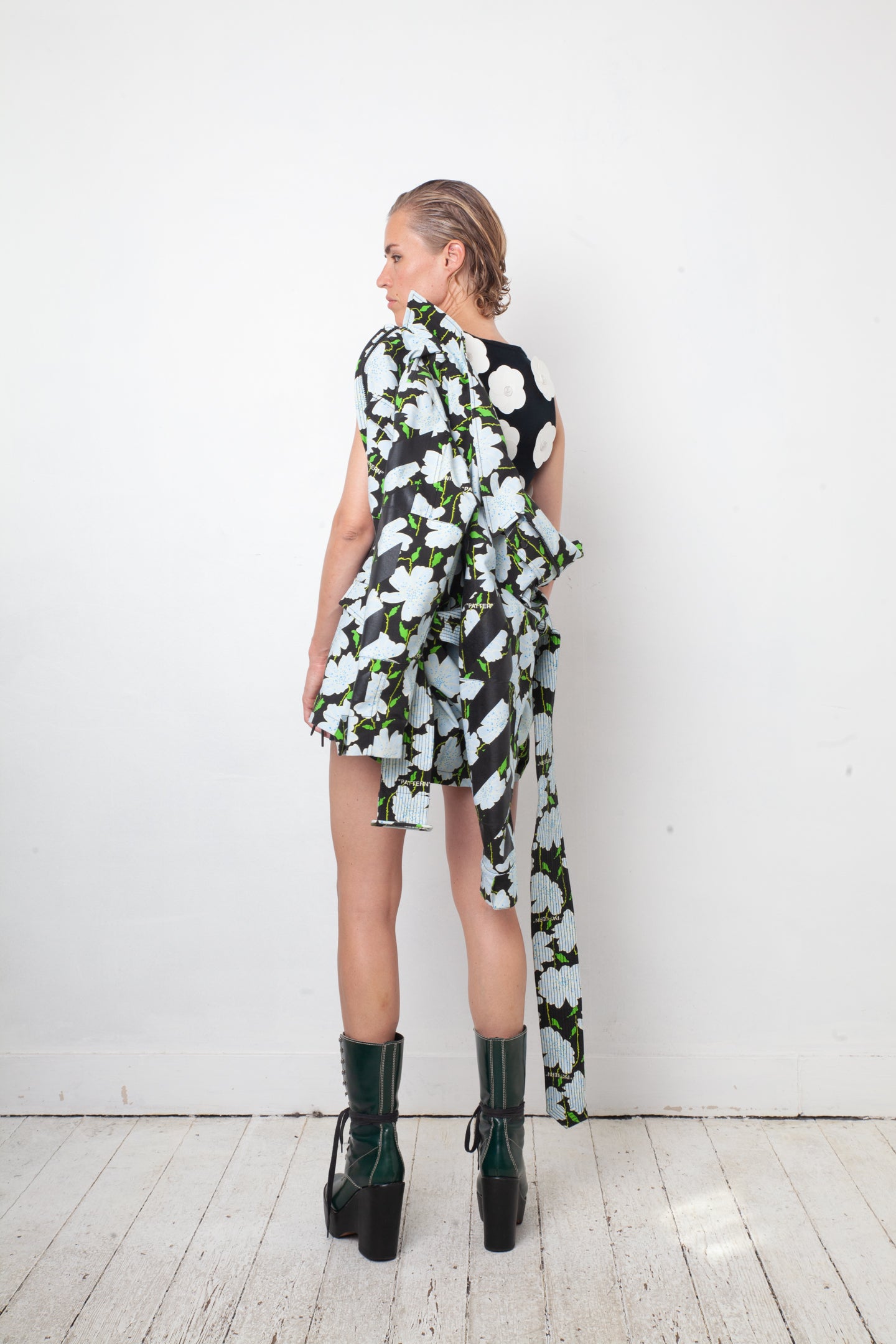 Off-White resort 2018 flower pattern denim jacket with belt and strap detail