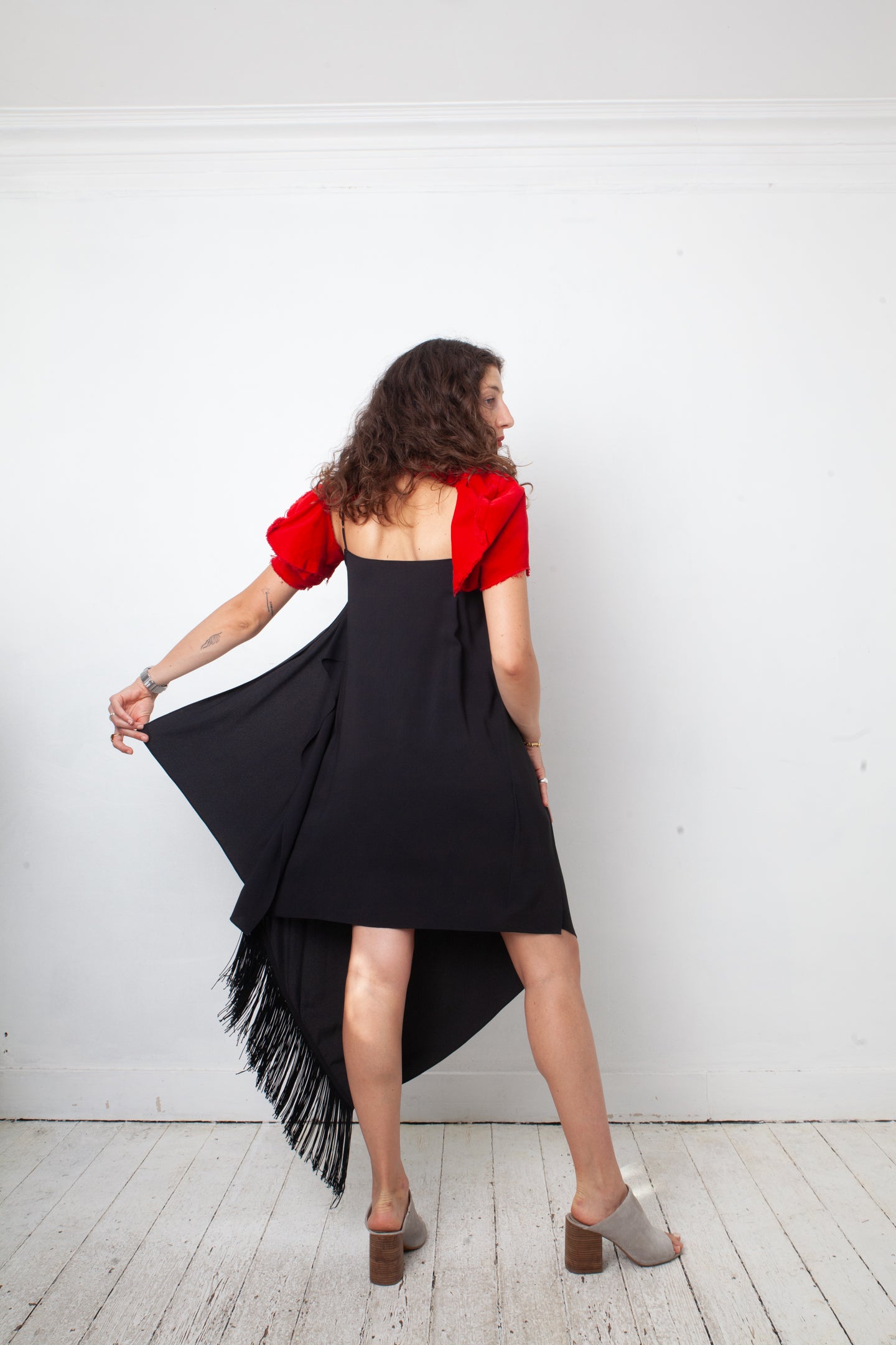 Balenciaga 2016 black asymmetric slip on dress with fringes