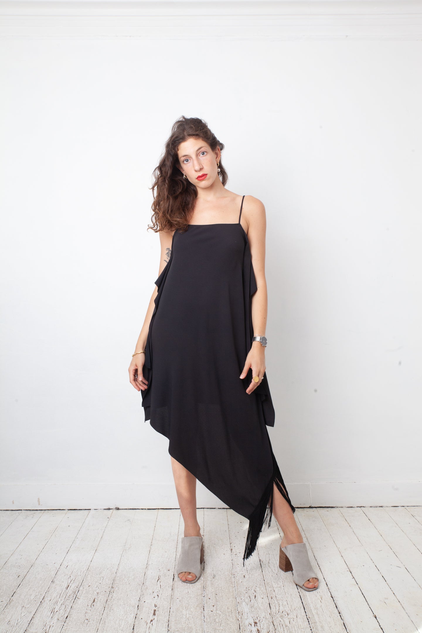 Balenciaga 2016 black asymmetric slip on dress with fringes