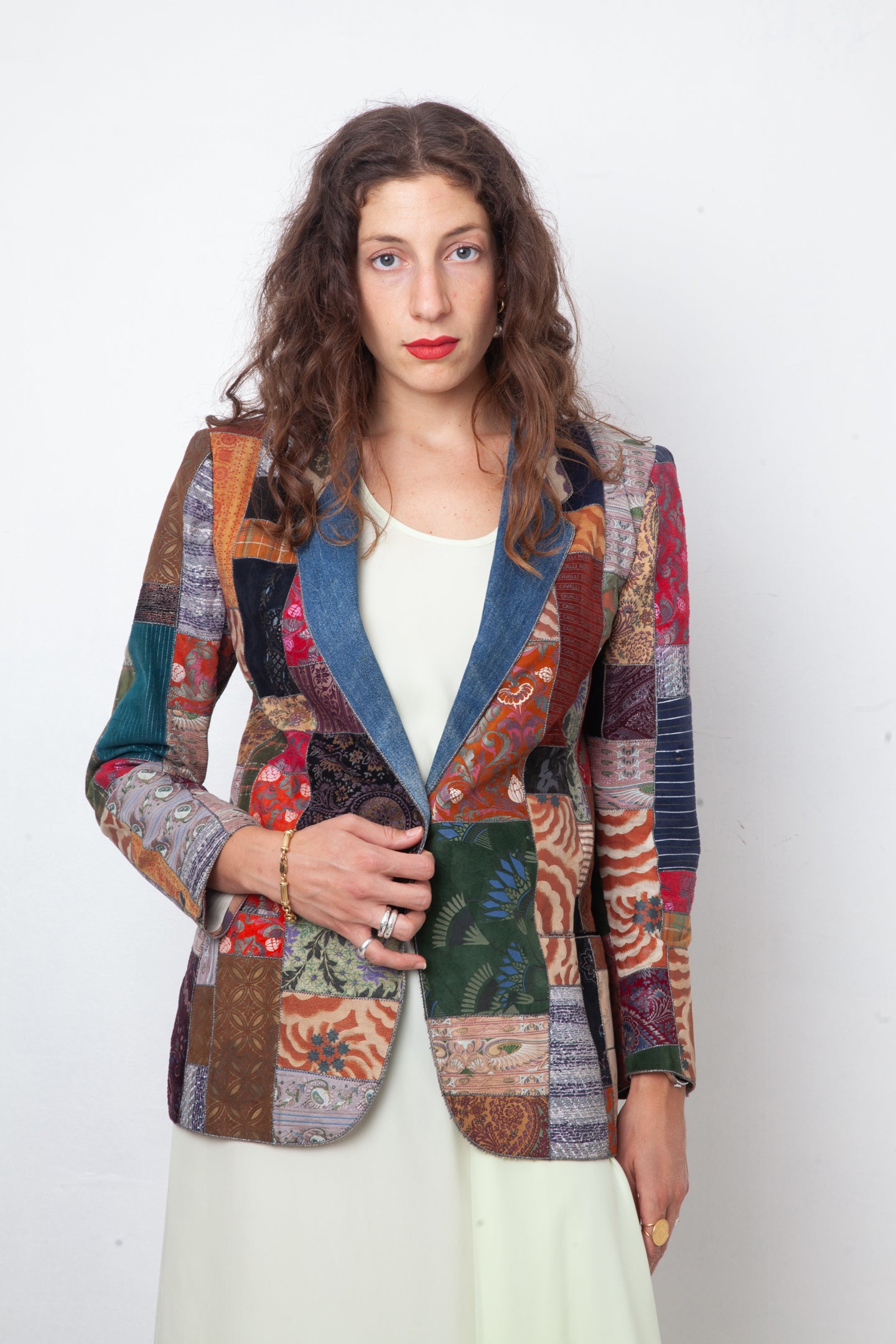 Roberto Cavalli 1970's patchwork multicolor leather and denim jacket