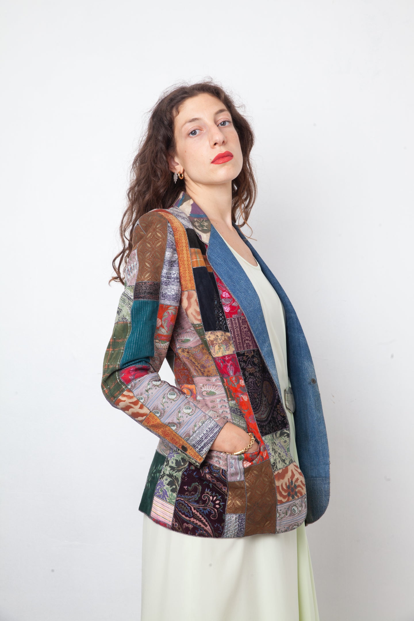 Roberto Cavalli 1970's patchwork multicolor leather and denim jacket