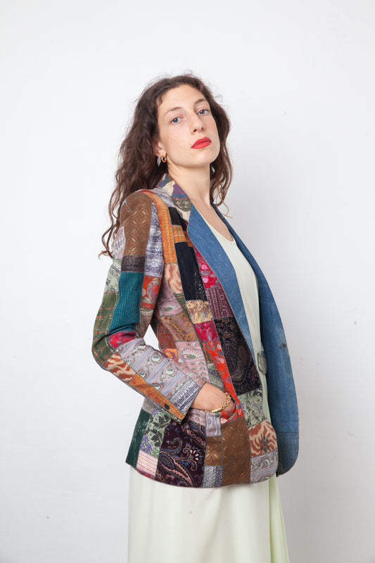 Roberto Cavalli 1970's patchwork multicolor leather and denim jacket