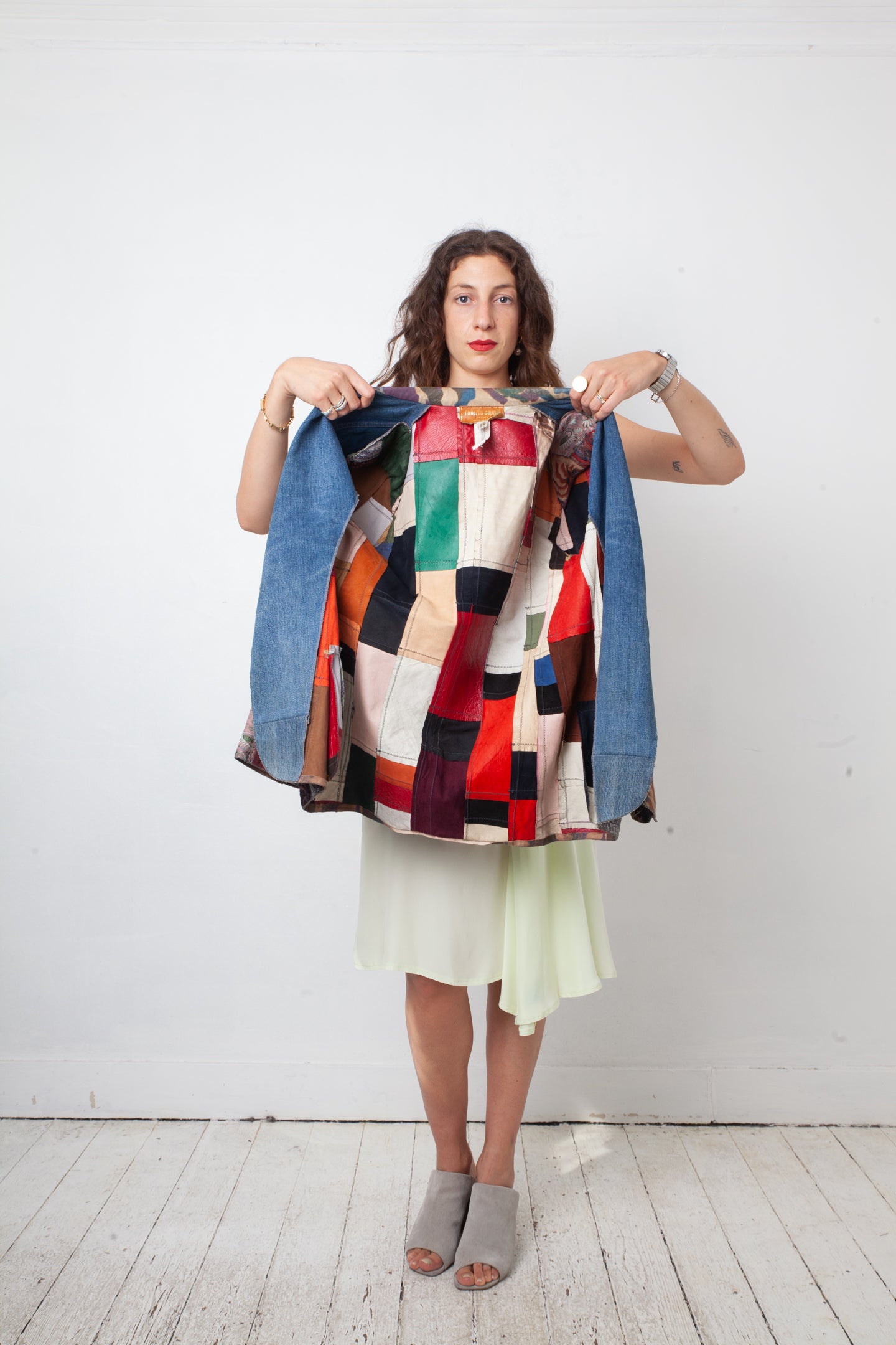 Roberto Cavalli 1970's patchwork multicolor leather and denim jacket