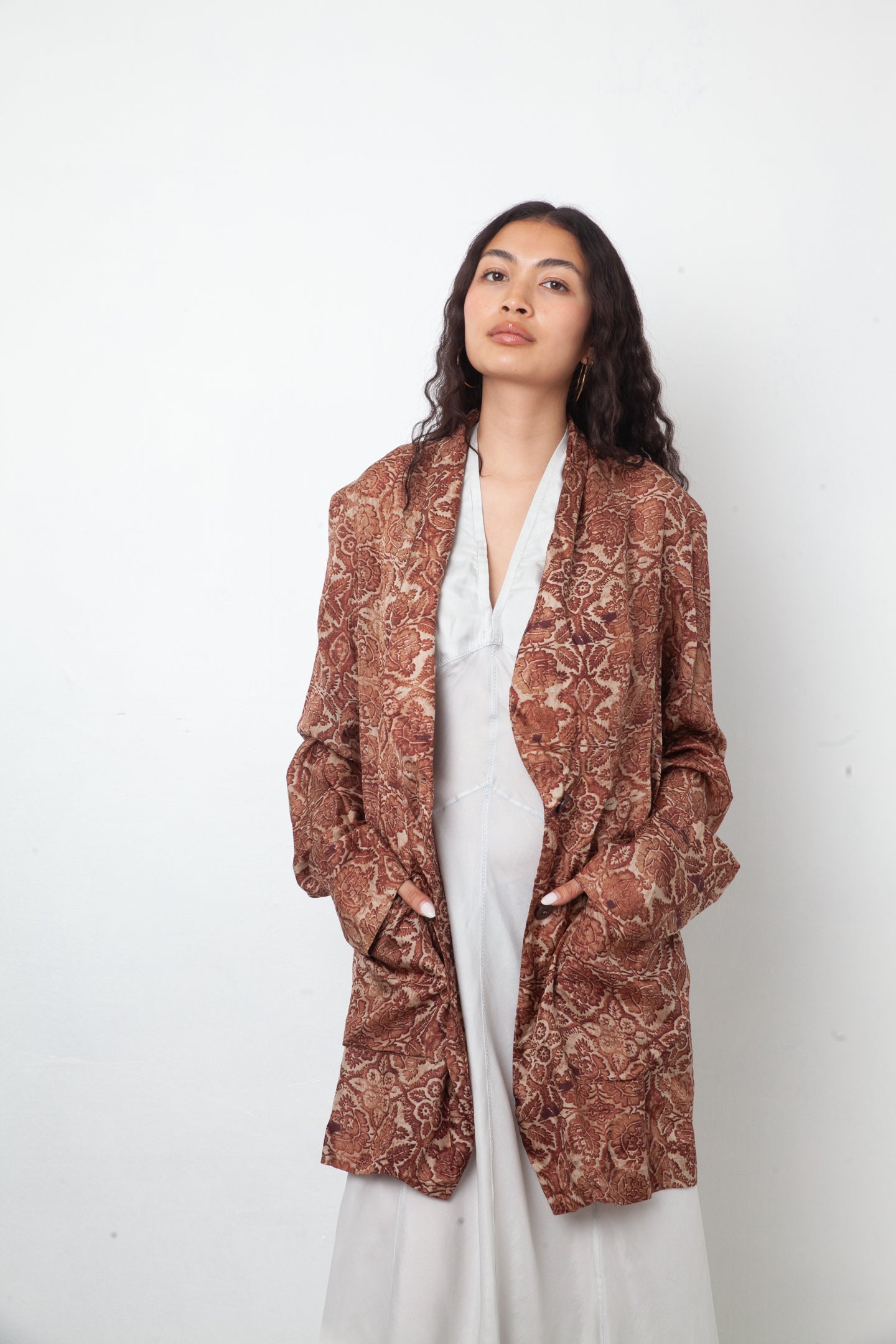 Dries van Noten 90's brown silk floral print oversized blazer