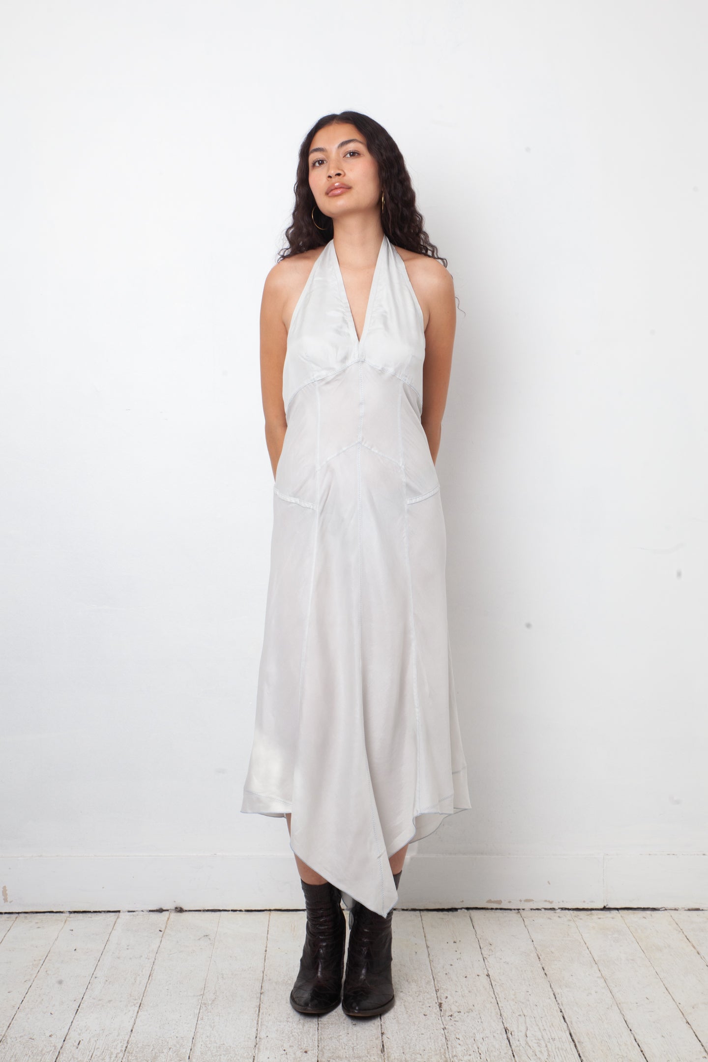 Prada linea rossa 2000's silk grey halter dress with open back