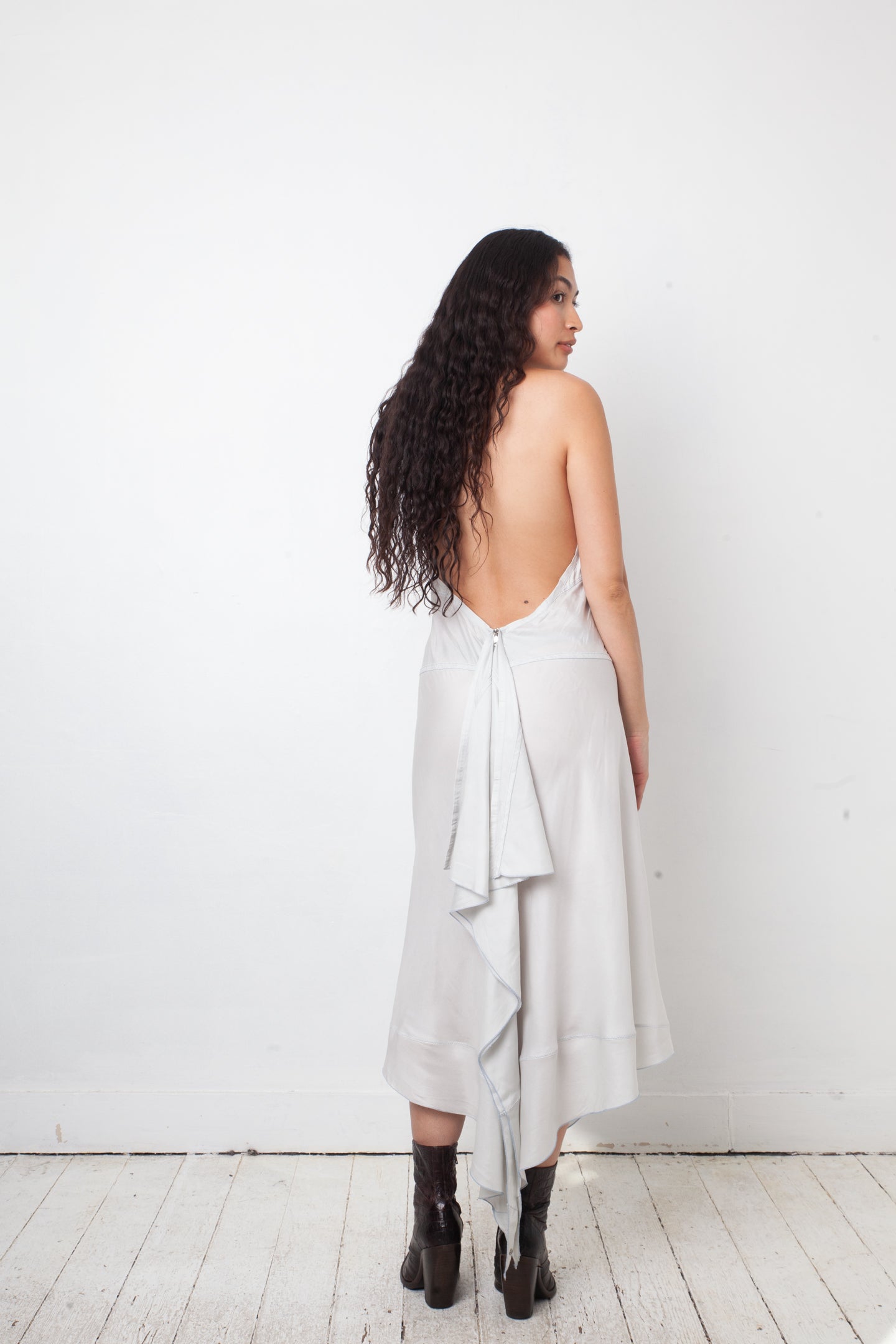 Prada linea rossa 2000's silk grey halter dress with open back