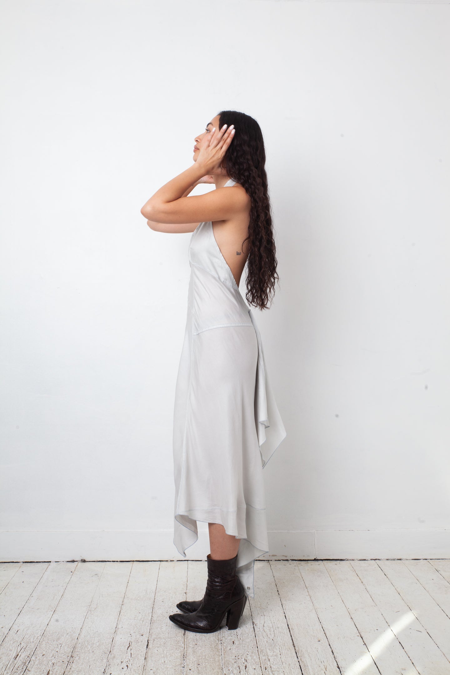 Prada linea rossa 2000's silk grey halter dress with open back
