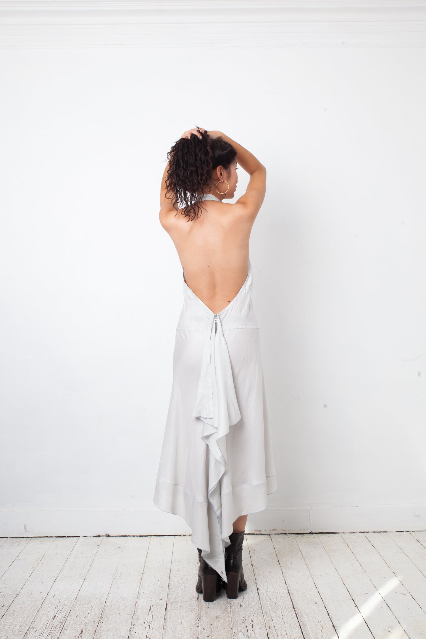 Prada linea rossa 2000's silk grey halter dress with open back