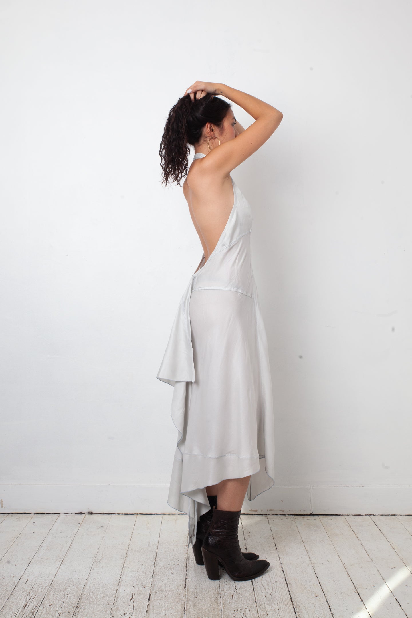Prada linea rossa 2000's silk grey halter dress with open back