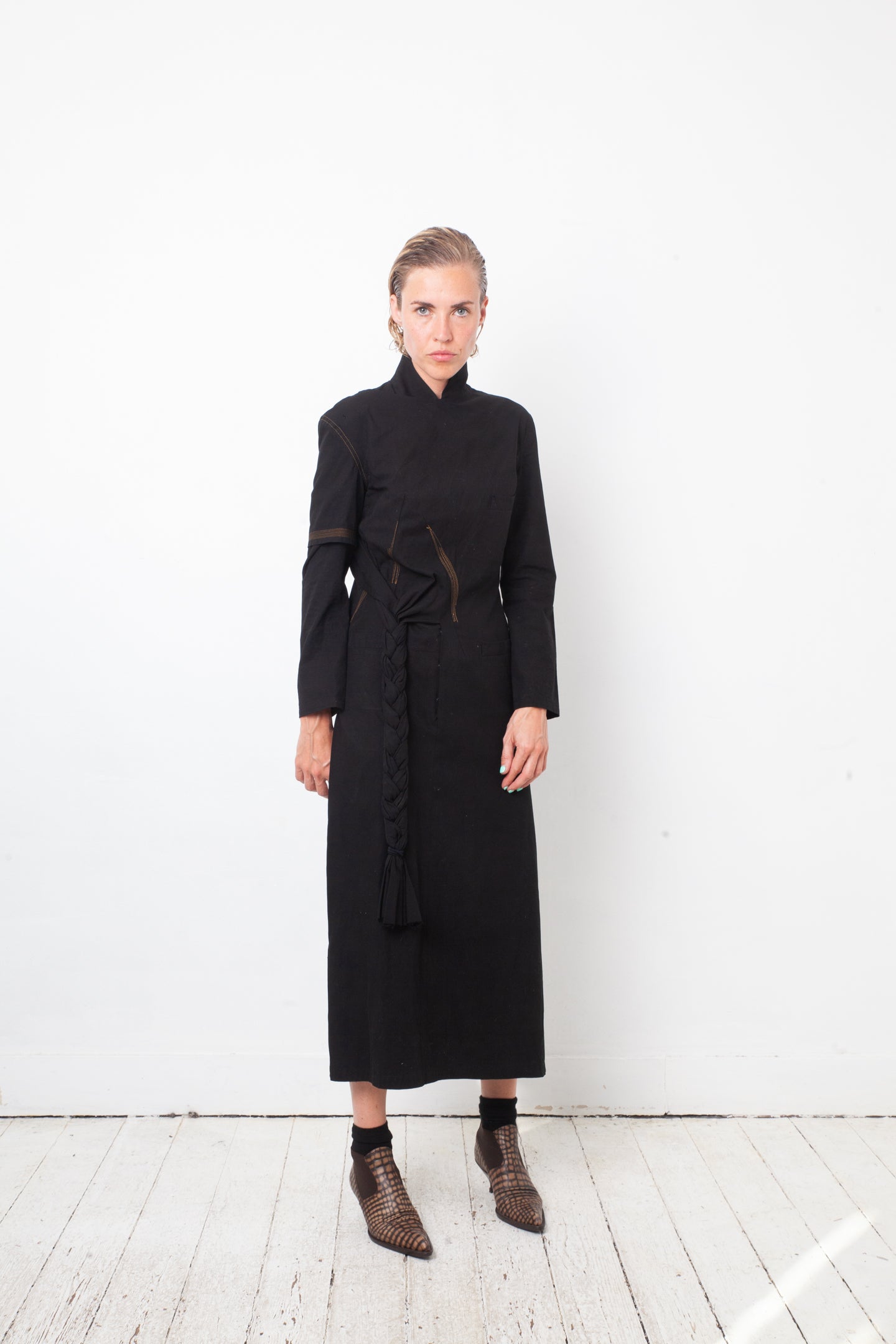 Yohji Yamamoto 2000's black cotton dress with orange stitching and braid detail