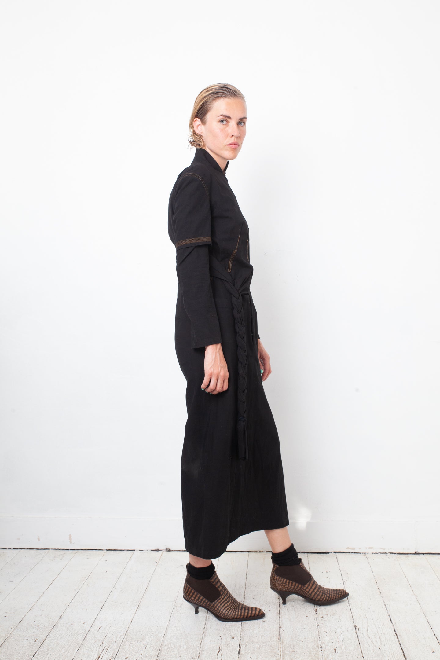 Yohji Yamamoto 2000's black cotton dress with orange stitching and braid detail