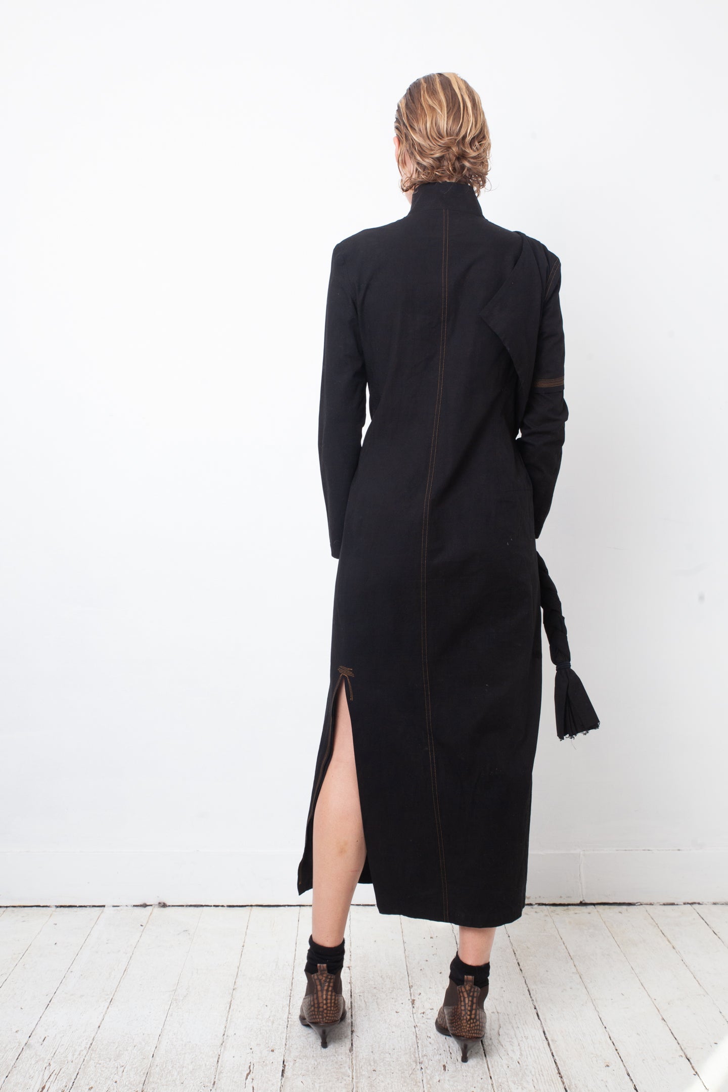 Yohji Yamamoto 2000's black cotton dress with orange stitching and braid detail