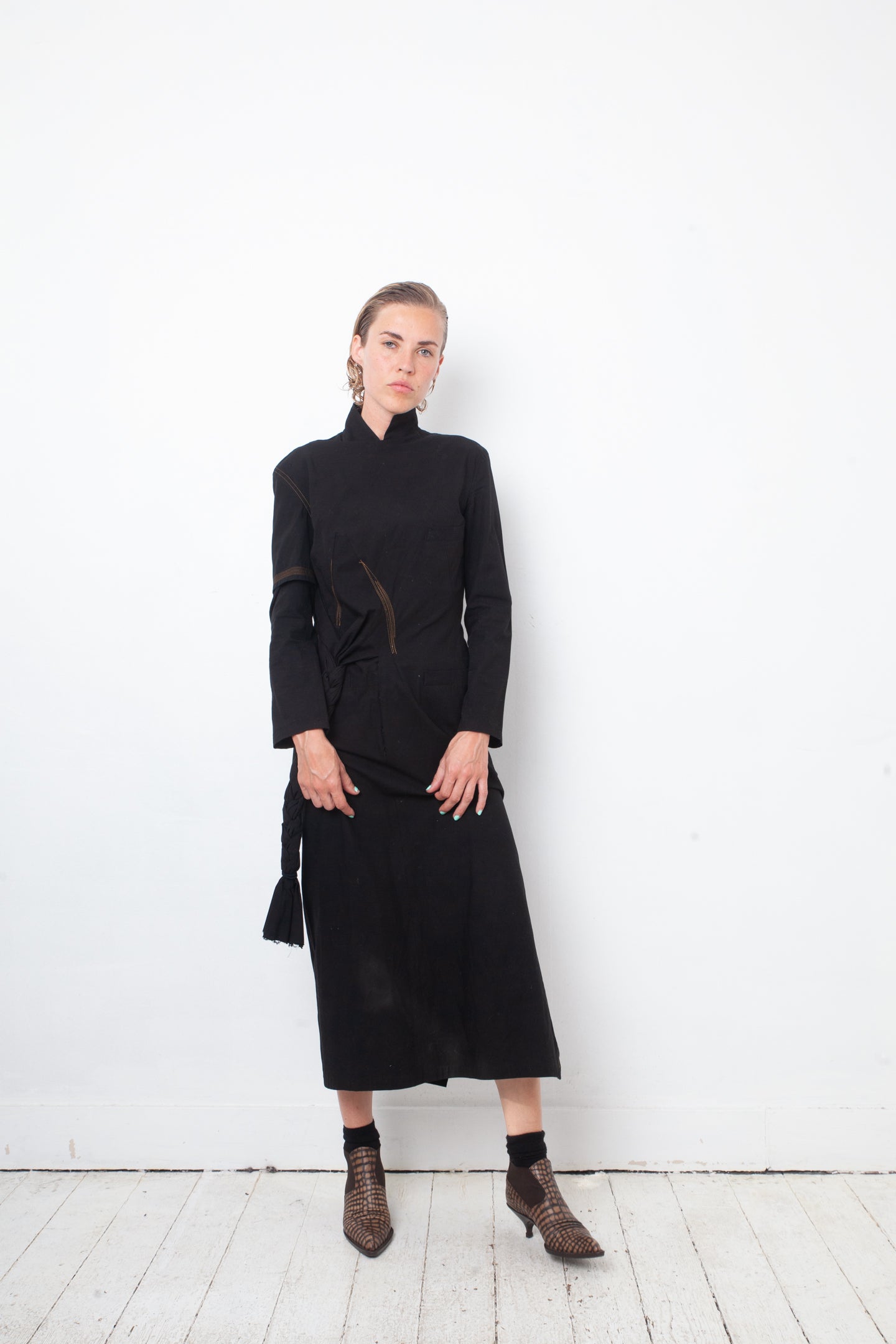 Yohji Yamamoto 2000's black cotton dress with orange stitching and braid detail