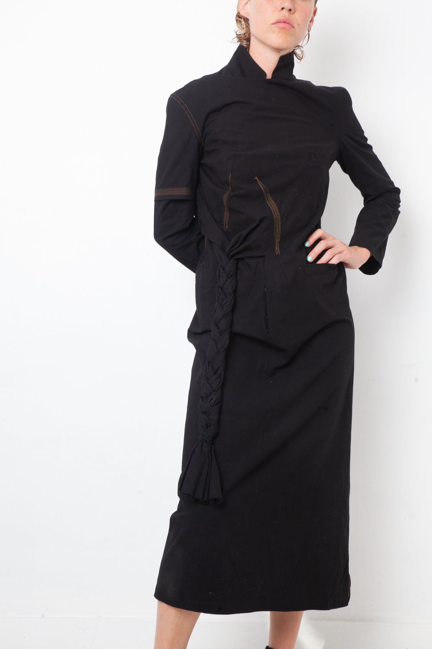 Yohji Yamamoto 2000's black cotton dress with orange stitching and braid detail