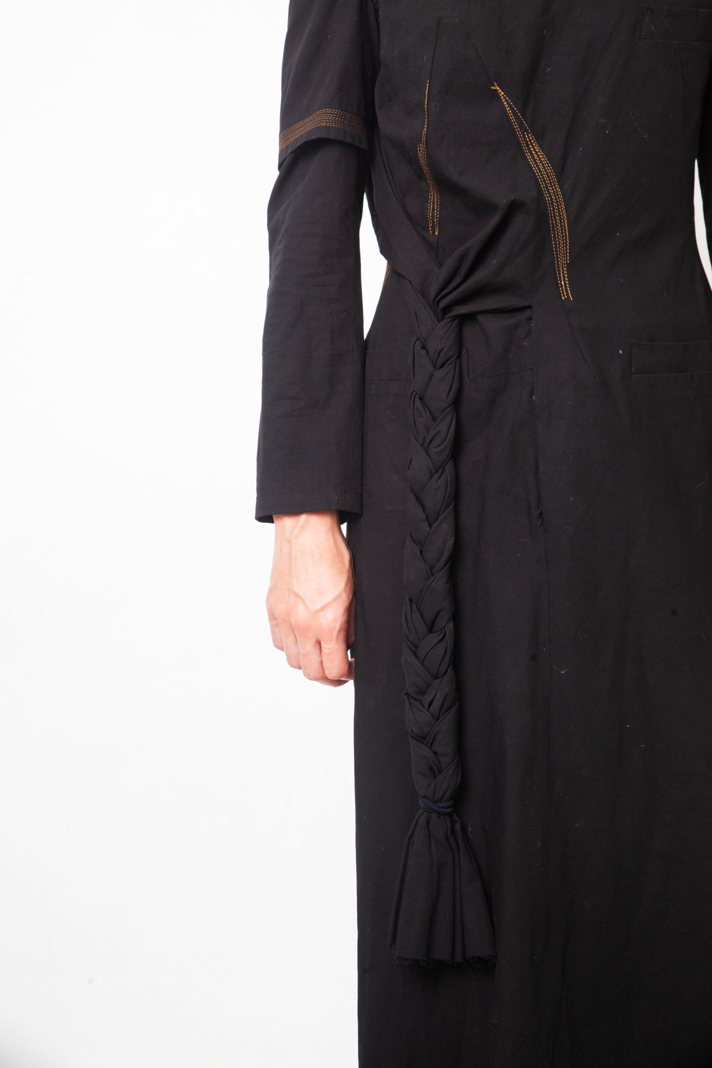 Yohji Yamamoto 2000's black cotton dress with orange stitching and braid detail