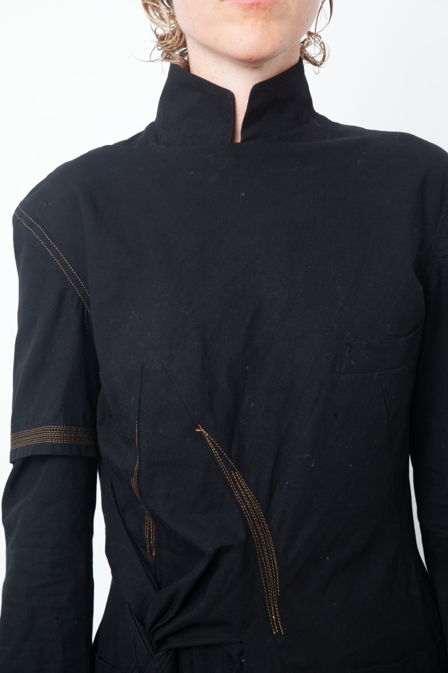 Yohji Yamamoto 2000's black cotton dress with orange stitching and braid detail