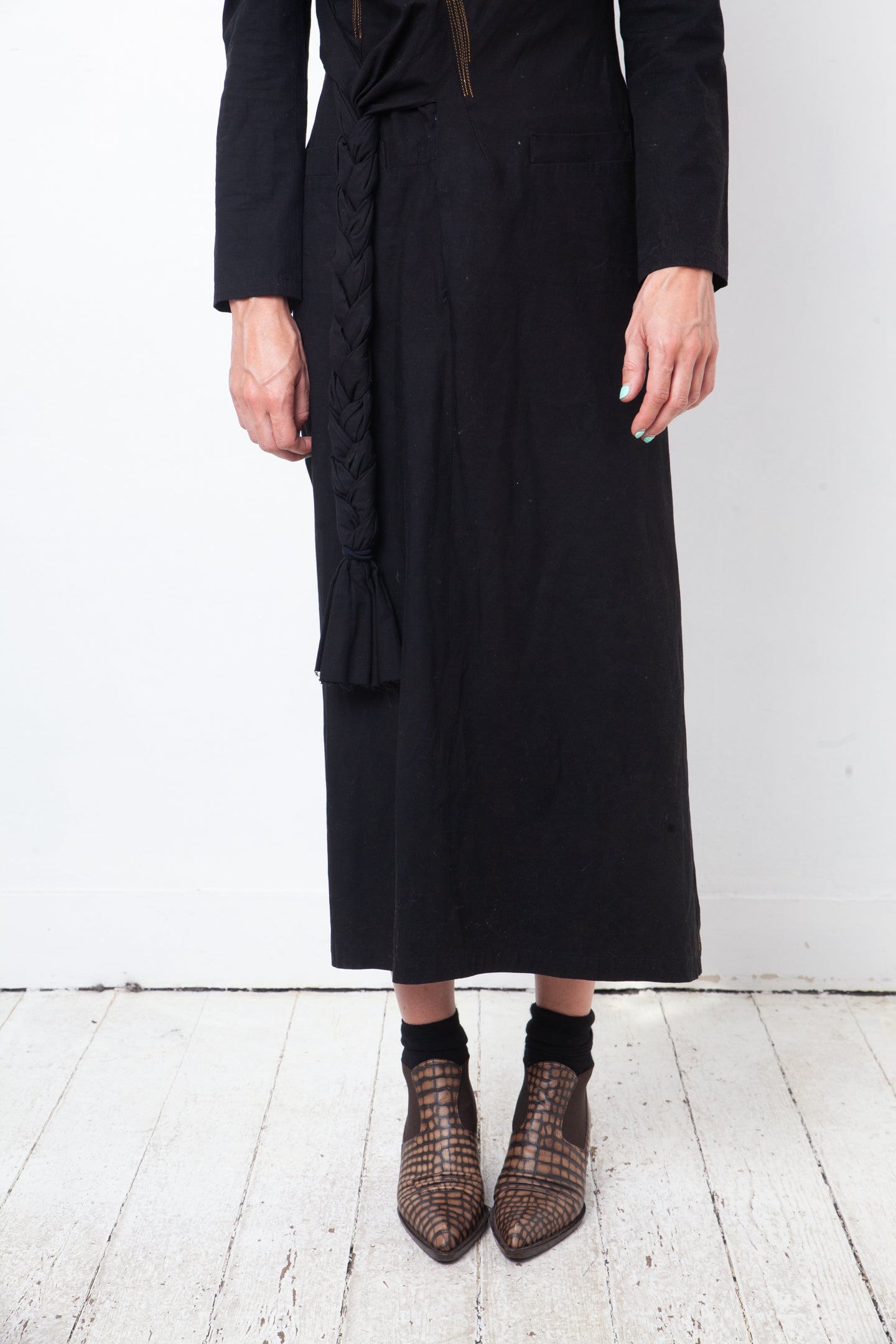 Yohji Yamamoto 2000's black cotton dress with orange stitching and braid detail