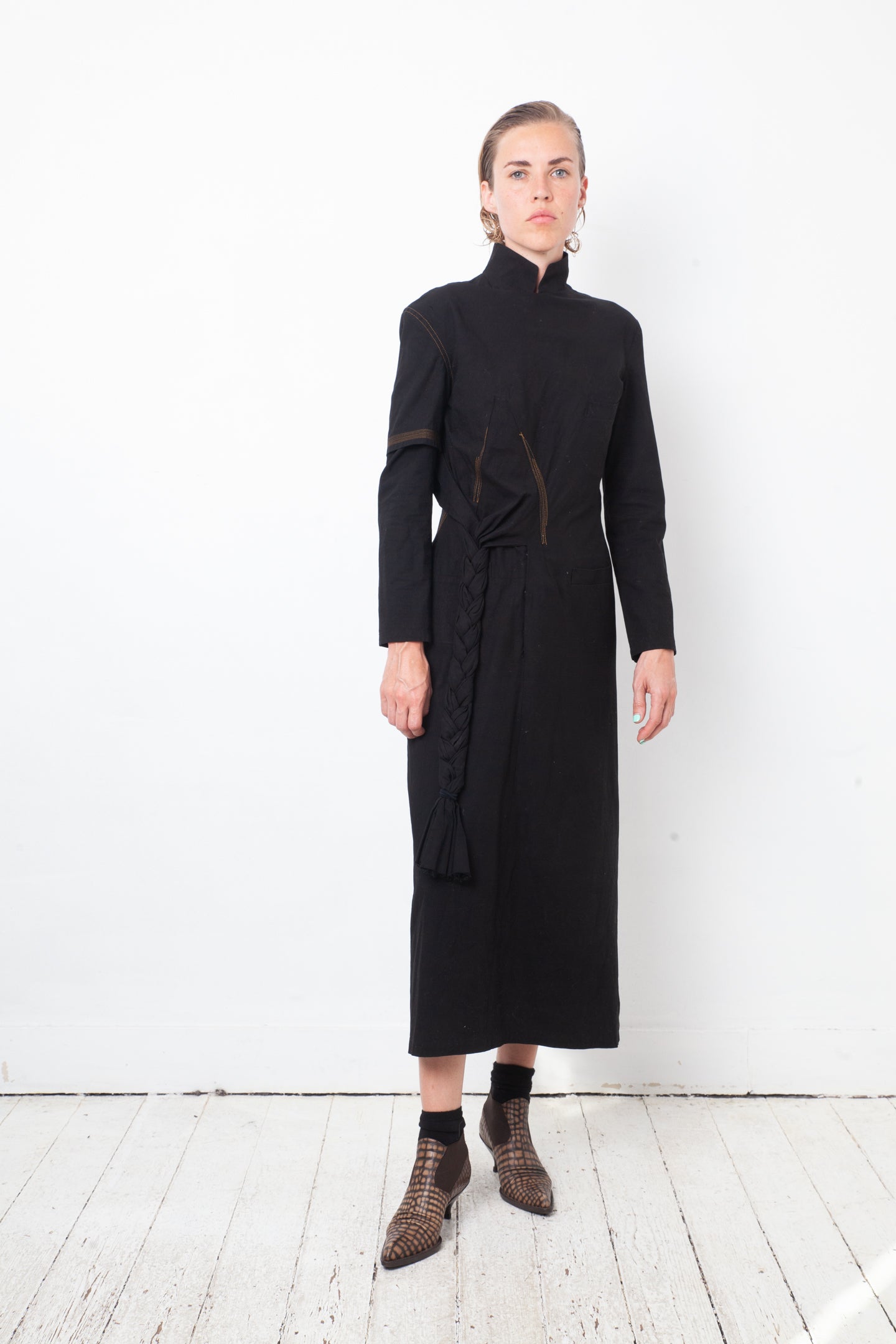 Yohji Yamamoto 2000's black cotton dress with orange stitching and braid detail
