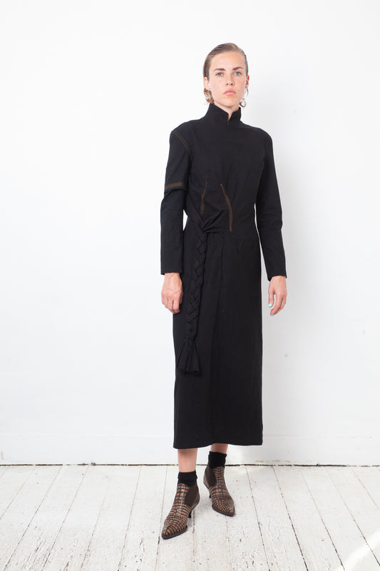 Yohji Yamamoto 2000's black cotton dress with orange stitching and braid detail