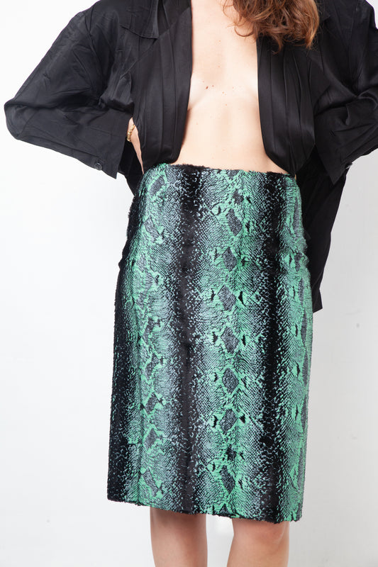 Dries van Noten Fall 2020 python print turquoise and black velvet pencil skirt