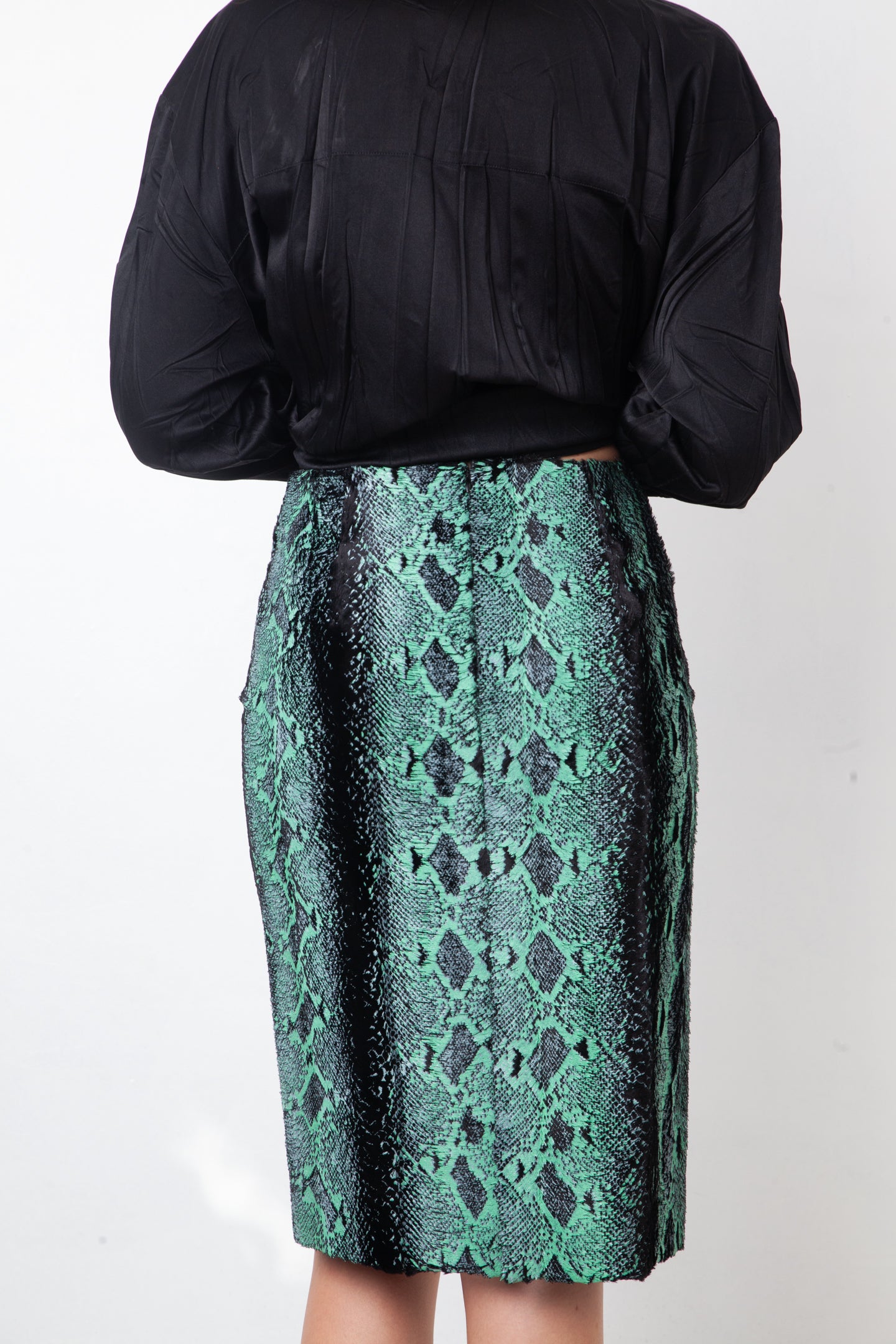 Dries van Noten Fall 2020 python print turquoise and black velvet pencil skirt
