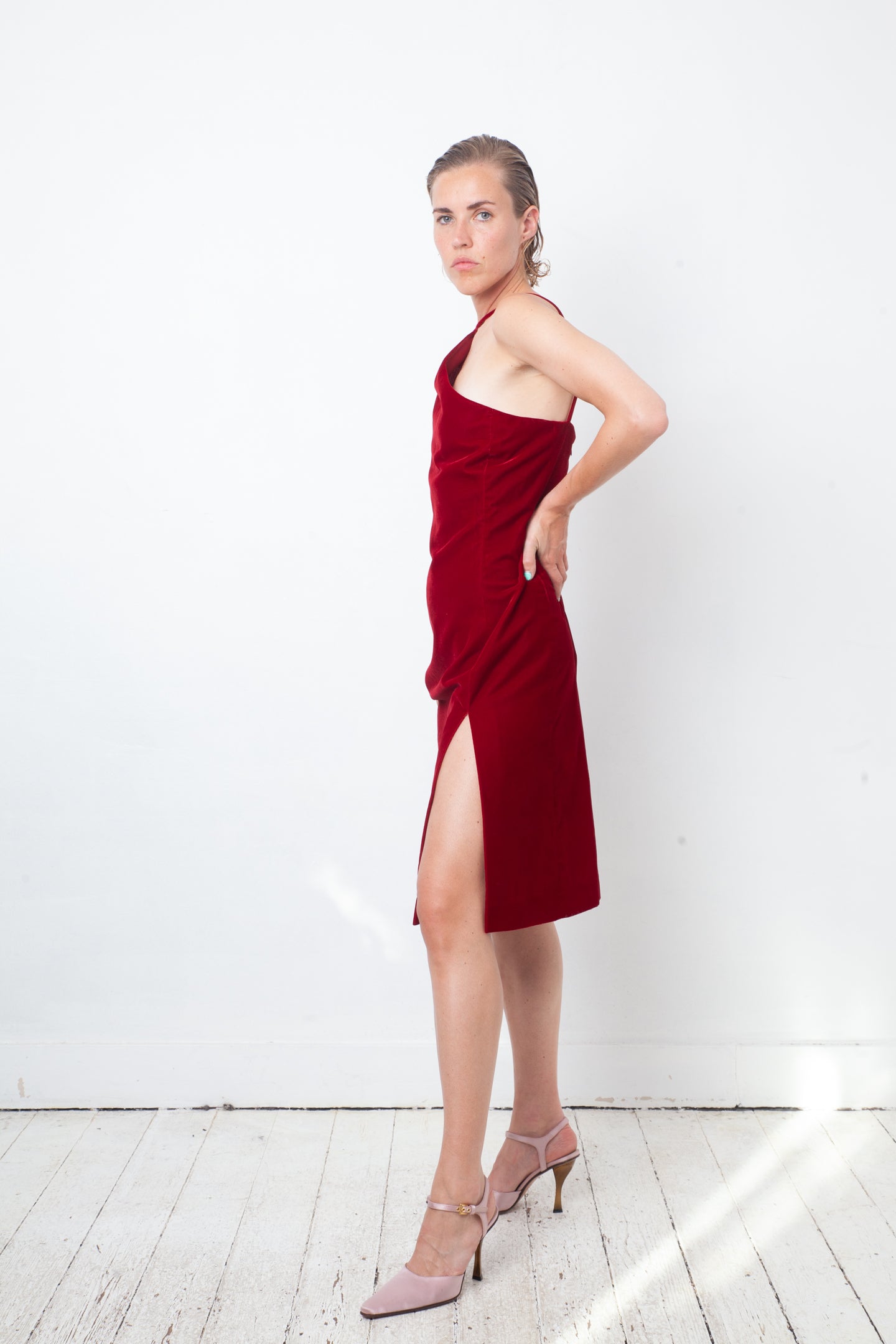Emporio Armani 90's velvet asymmetric dress with high slit
