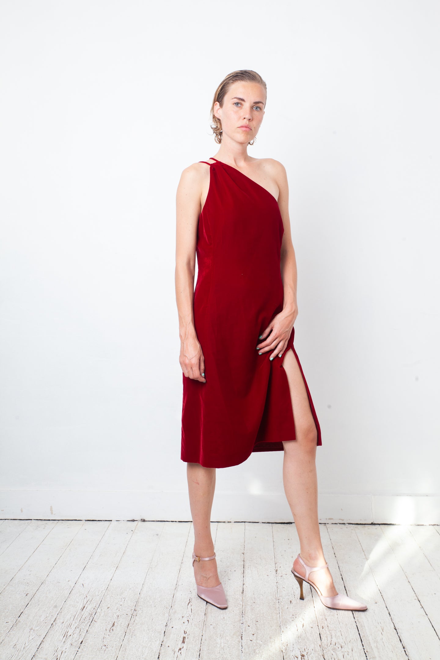 Emporio Armani 90's velvet asymmetric dress with high slit