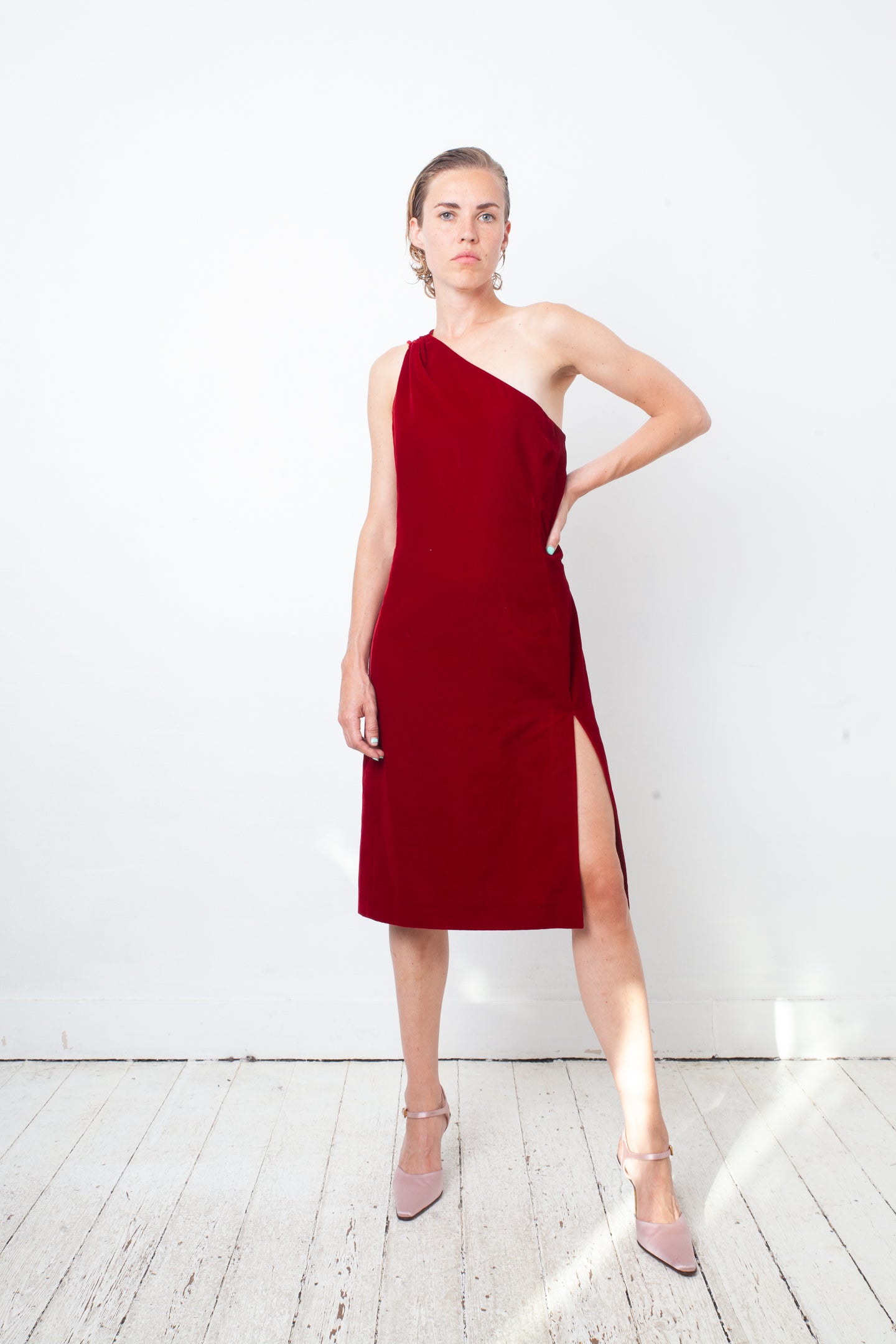 Emporio Armani 90's velvet asymmetric dress with high slit