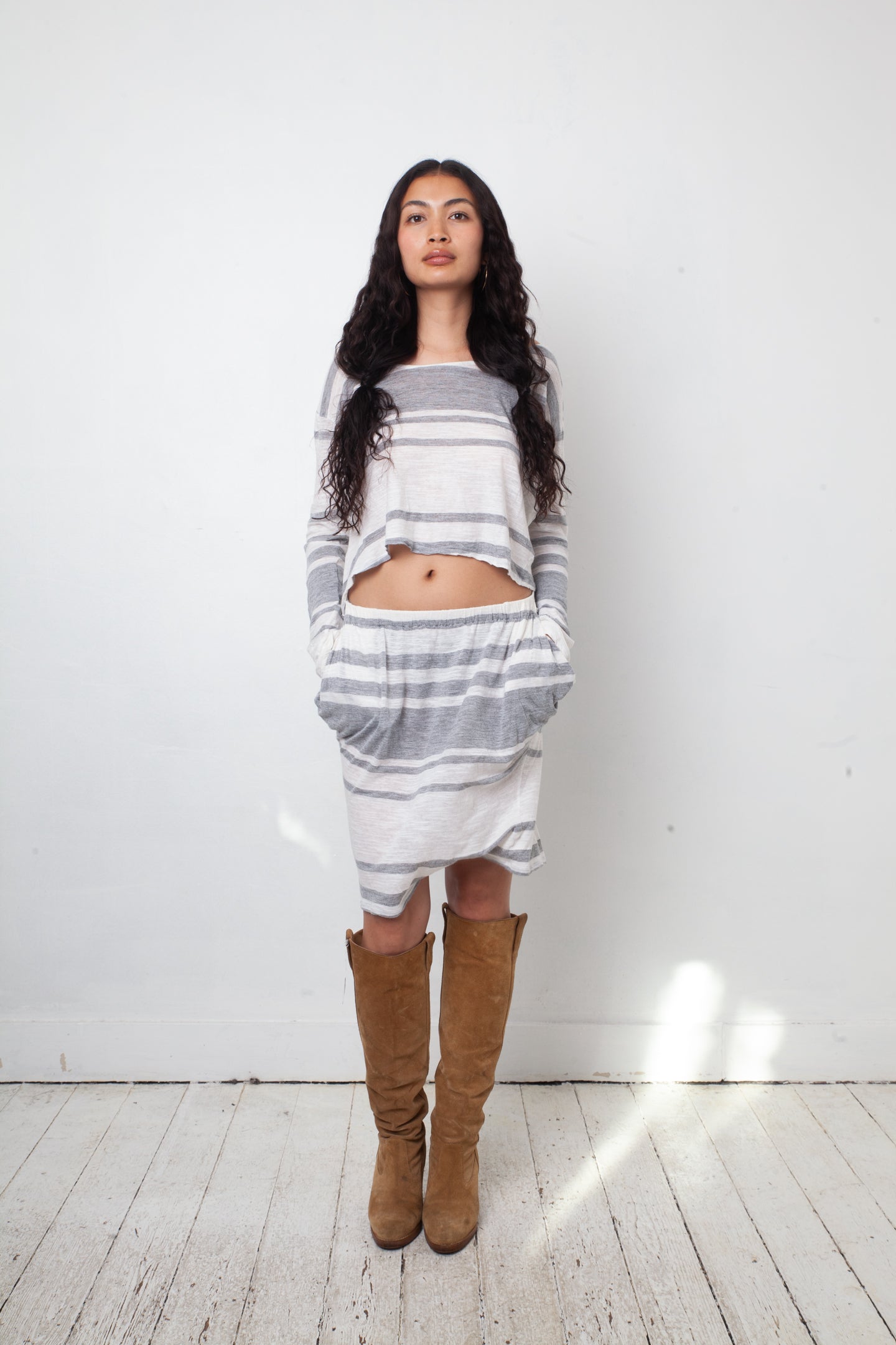 Margiela MM6 2012 striped grey and white cotton dress with waist cut out