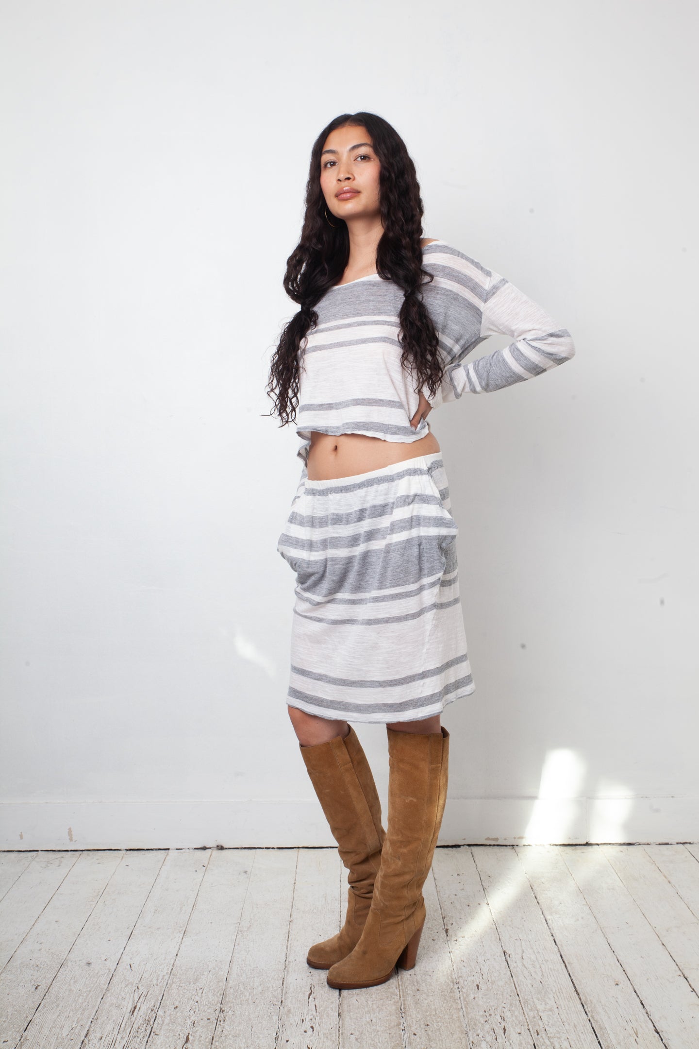 Margiela MM6 2012 striped grey and white cotton dress with waist cut out