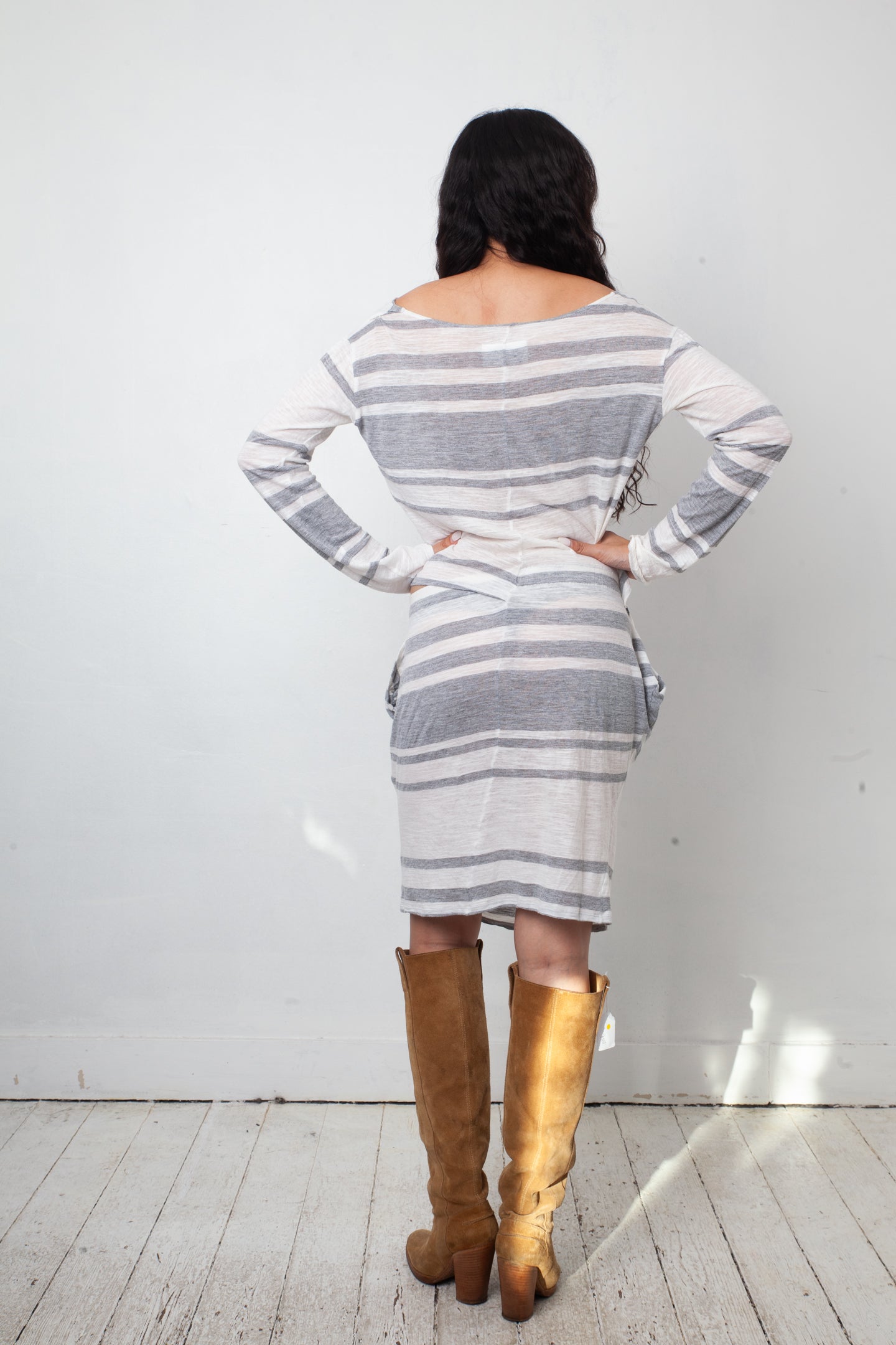 Margiela MM6 2012 striped grey and white cotton dress with waist cut out