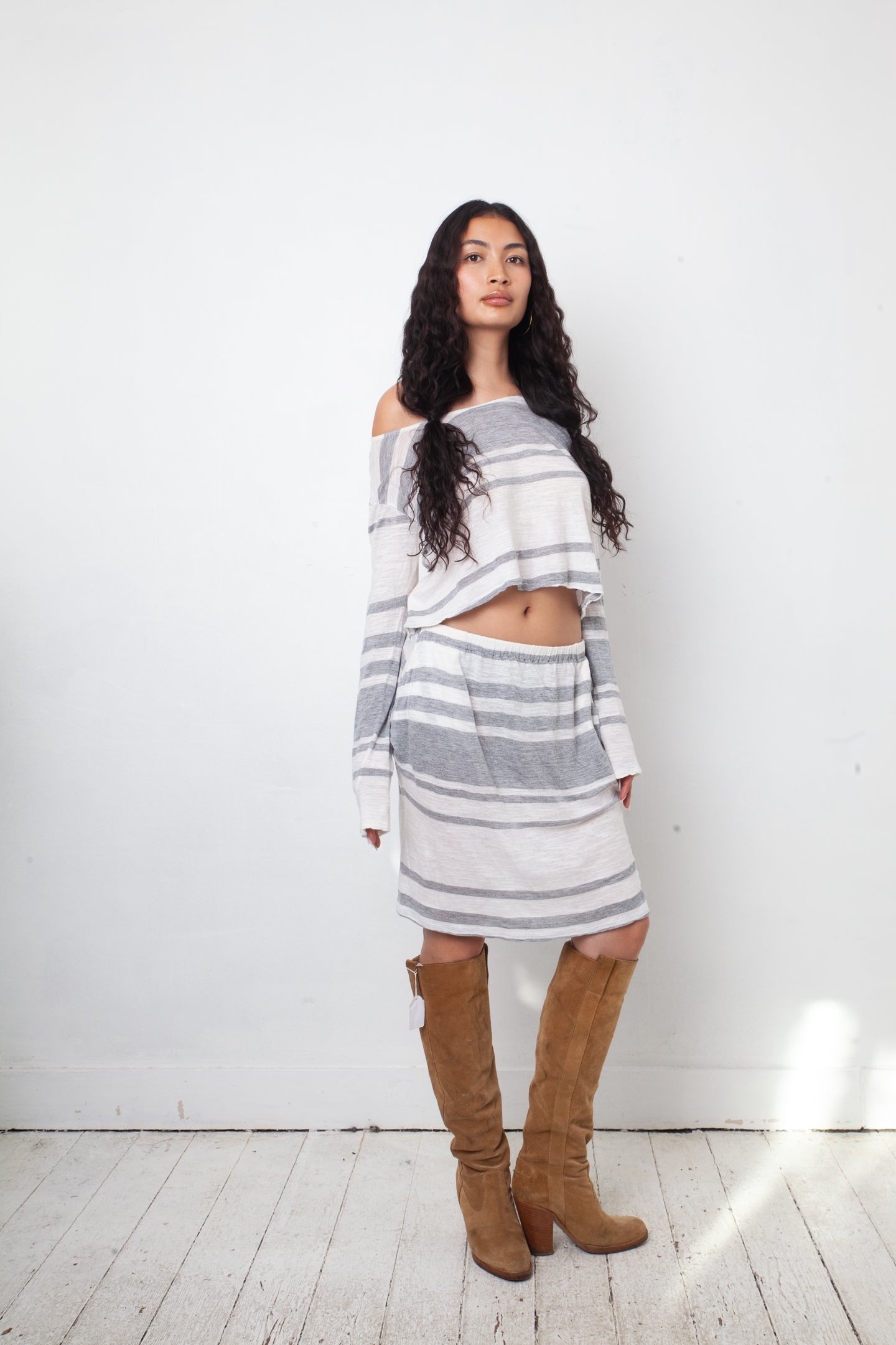 Margiela MM6 2012 striped grey and white cotton dress with waist cut out