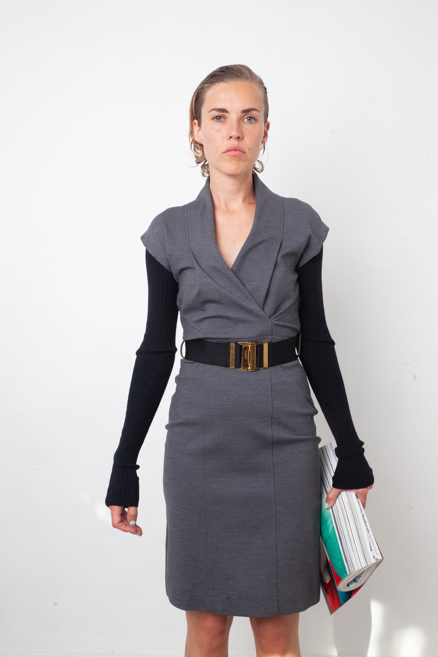 Gucci 2009 stretchy grey jersey dress with wool ribbed sleeves and belt