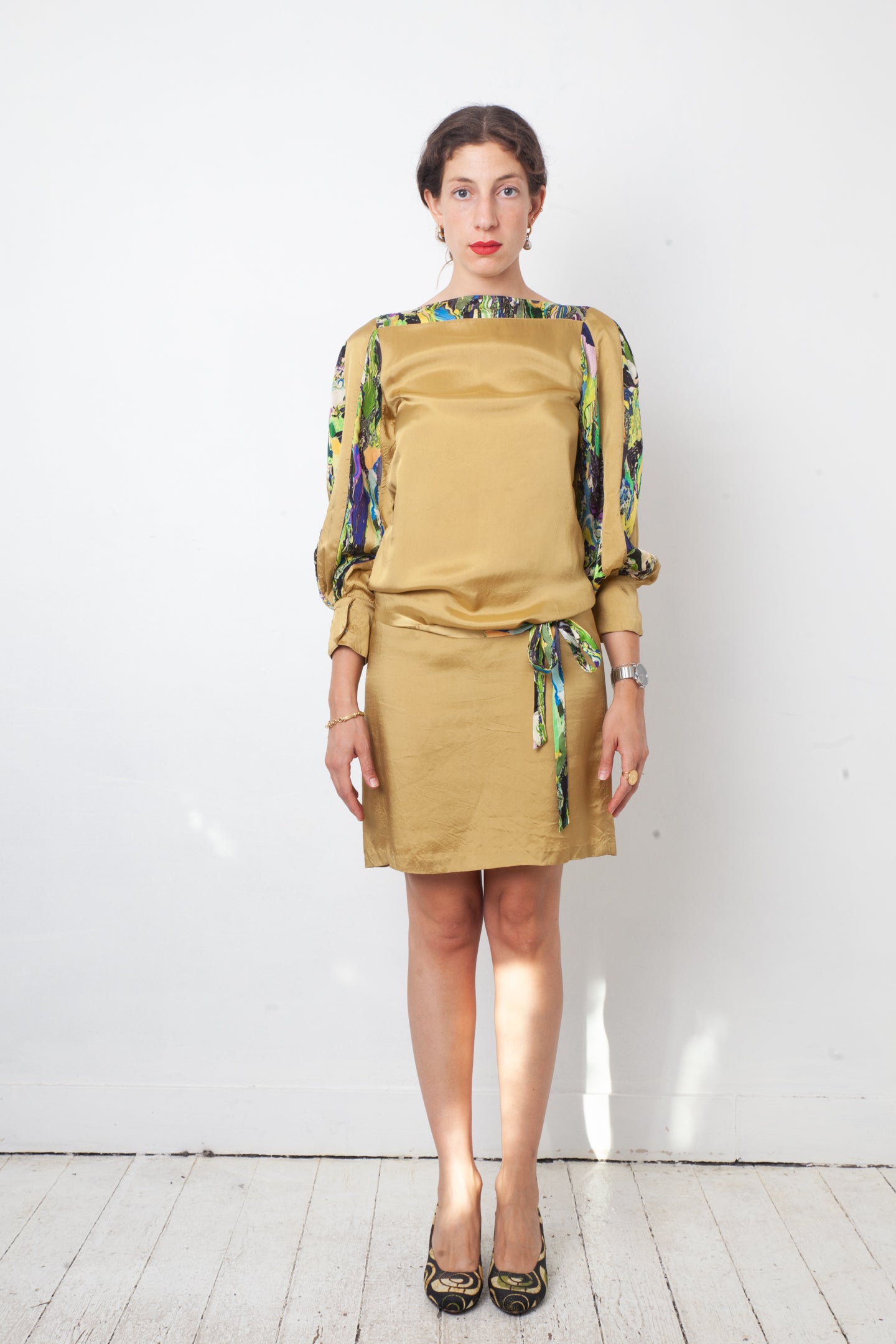Dries van Noten 2010's mustard yellow dress with multicolour marble outlines