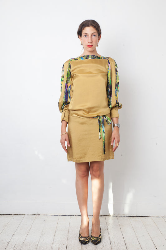 Dries van Noten 2010's mustard yellow dress with multicolour marble outlines