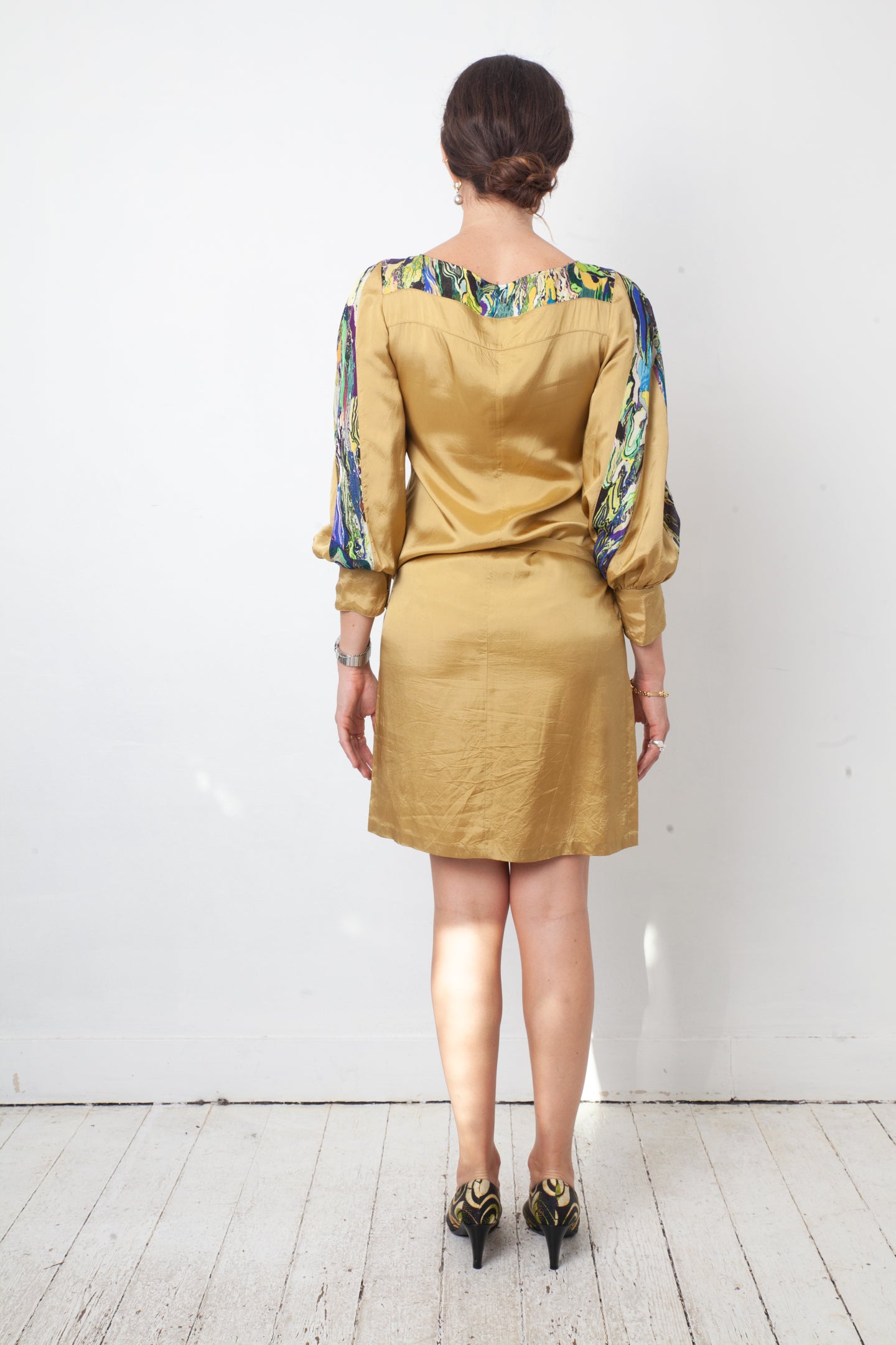 Dries van Noten 2010's mustard yellow dress with multicolour marble outlines