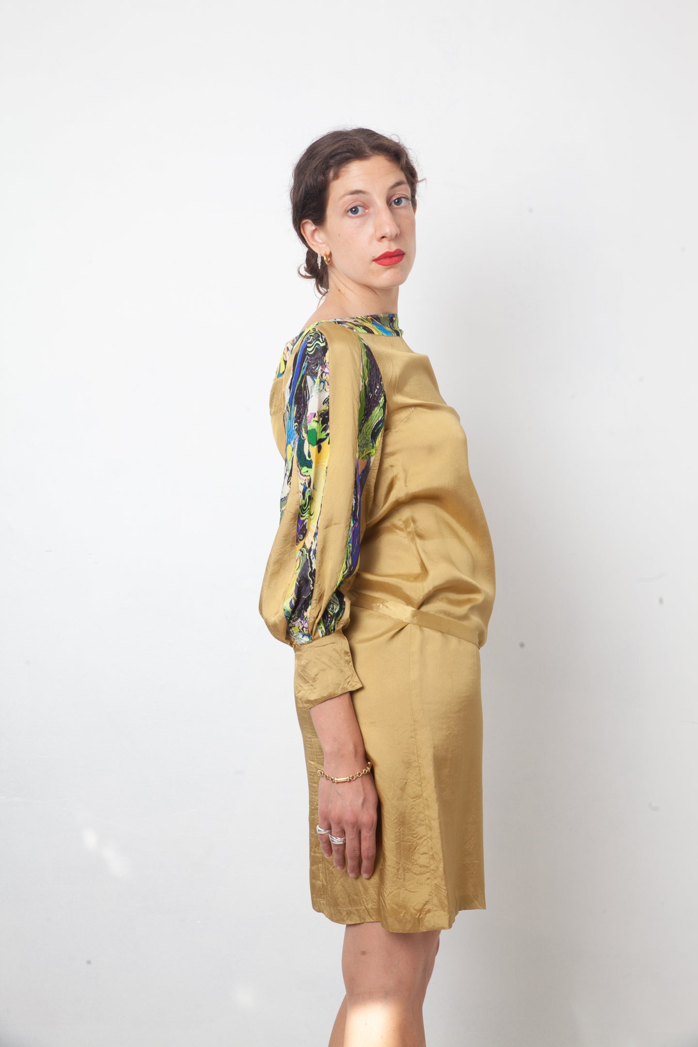 Dries van Noten 2010's mustard yellow dress with multicolour marble outlines