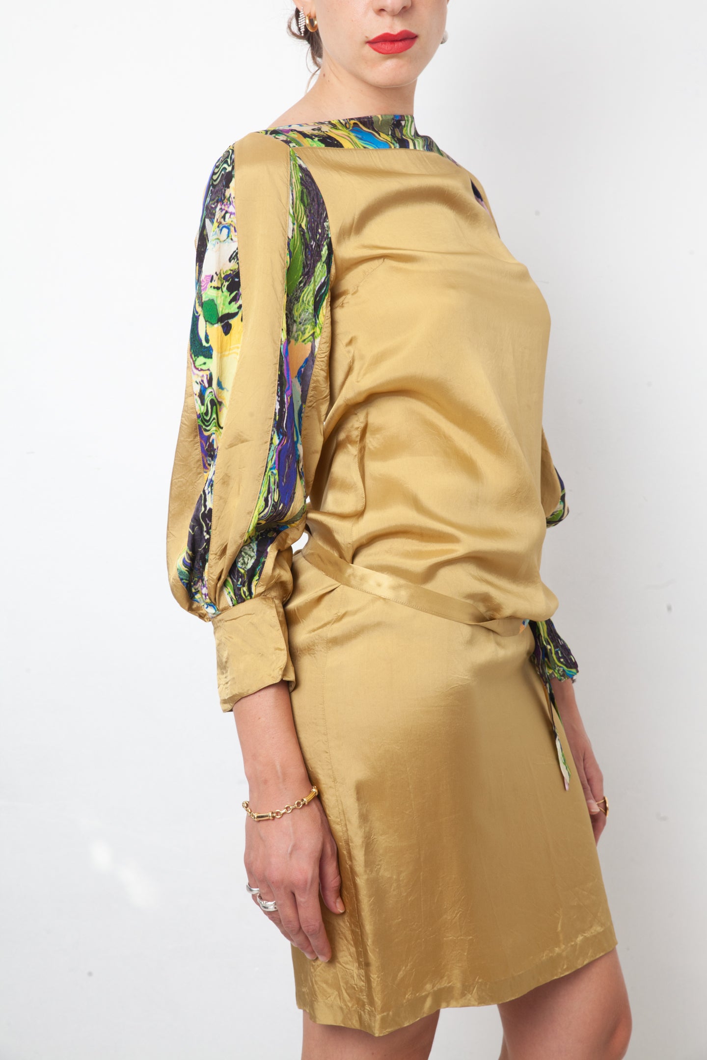Dries van Noten 2010's mustard yellow dress with multicolour marble outlines